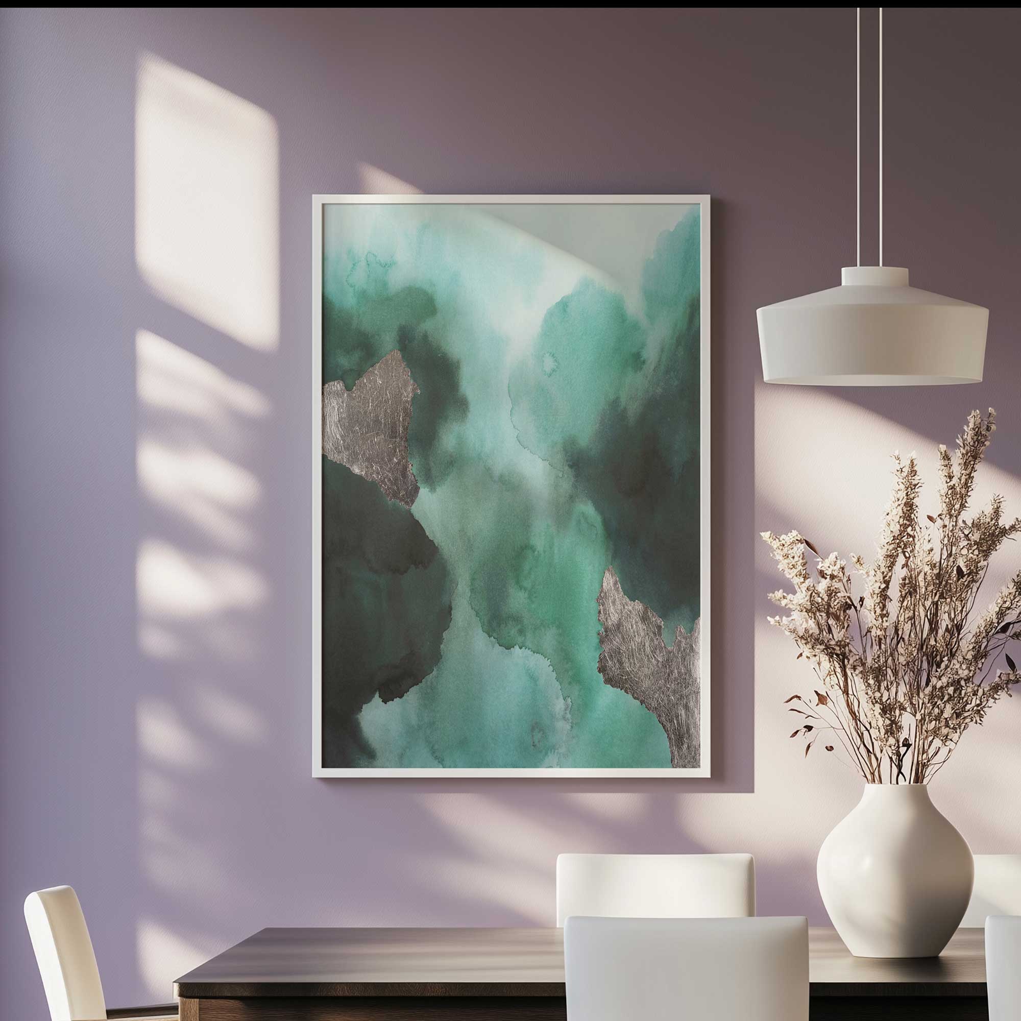 Emerald Currents I art print in a white frame hanging in a lilac dining room