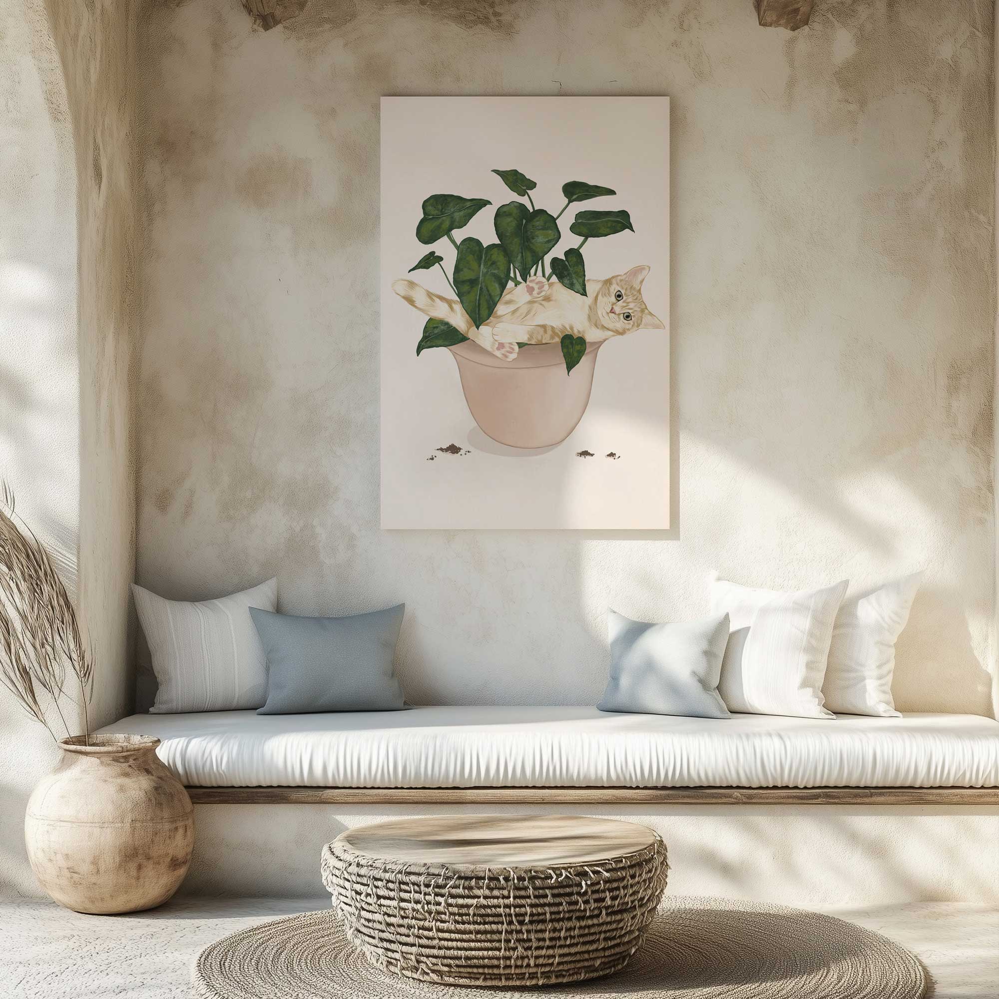 Pot it like it's hot canvas print of a cat in a plant stretched canvas hanging above a bench