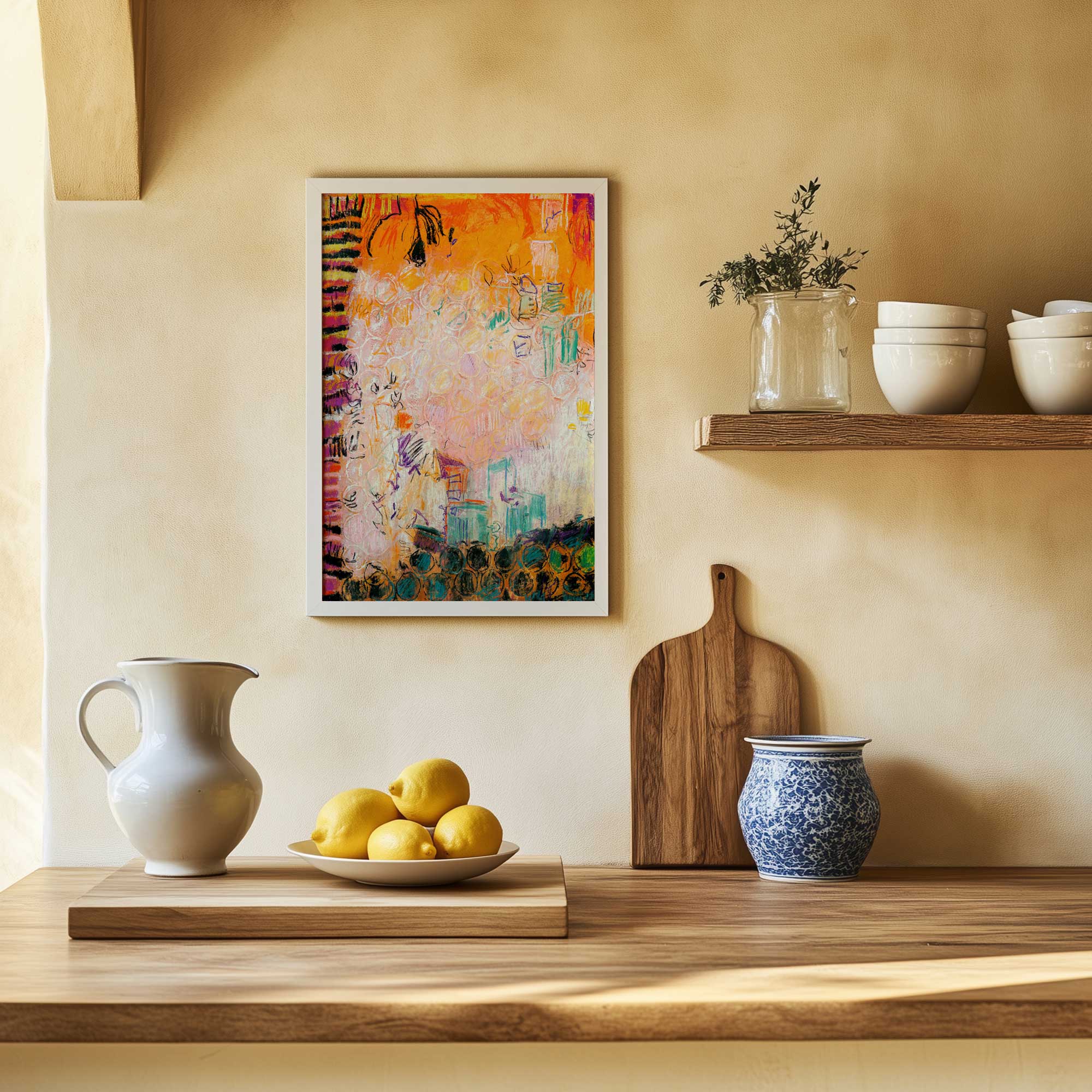 bubble wrap and building blocks framed abstract art print hanging in the kitchen