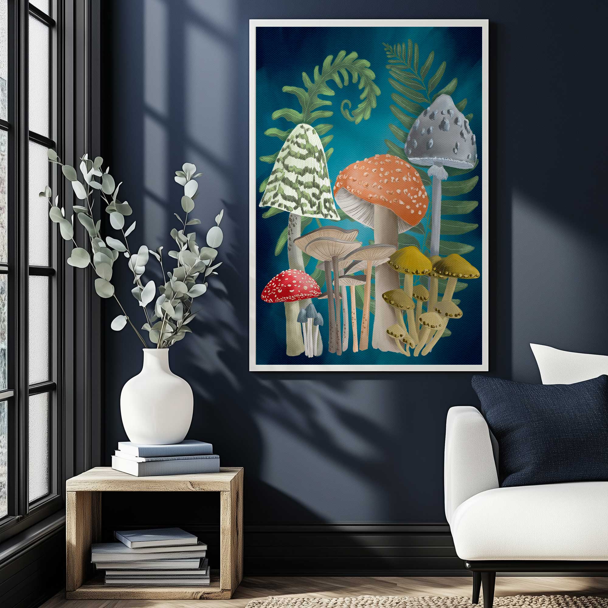 Forest fungi friends I art print hanging in a navy blue sitting room