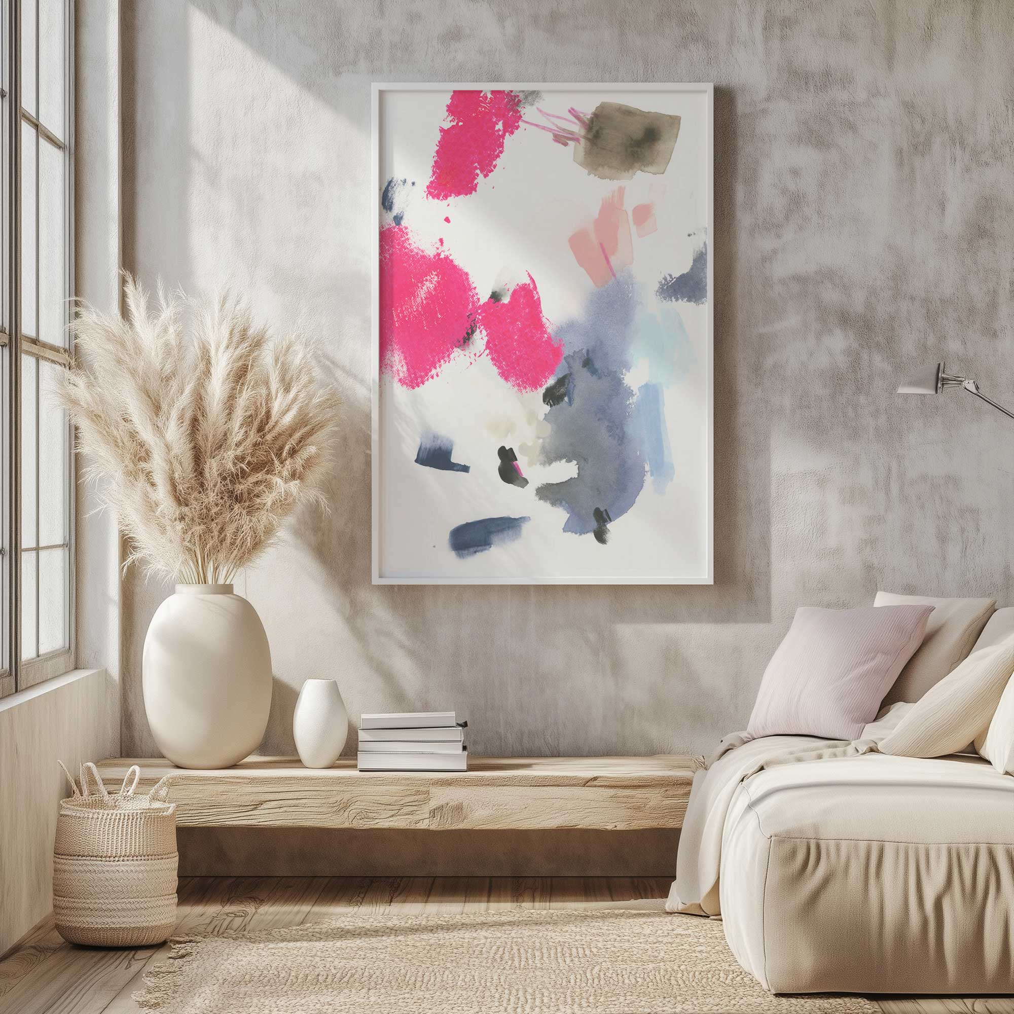 Pink Noise II abstract art print hanging in a beige living room
