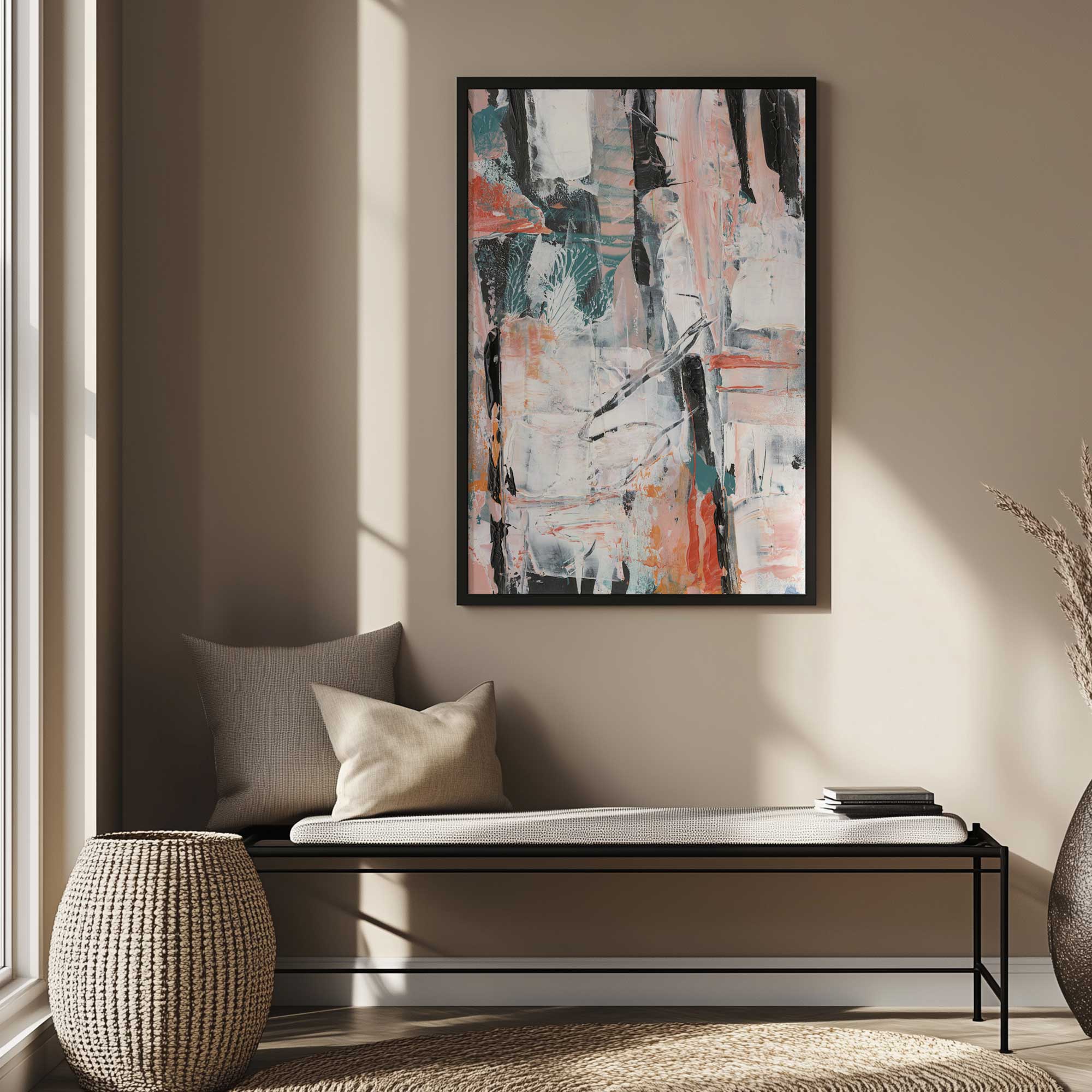 terra texture tango II abstract art print above a vintage bench