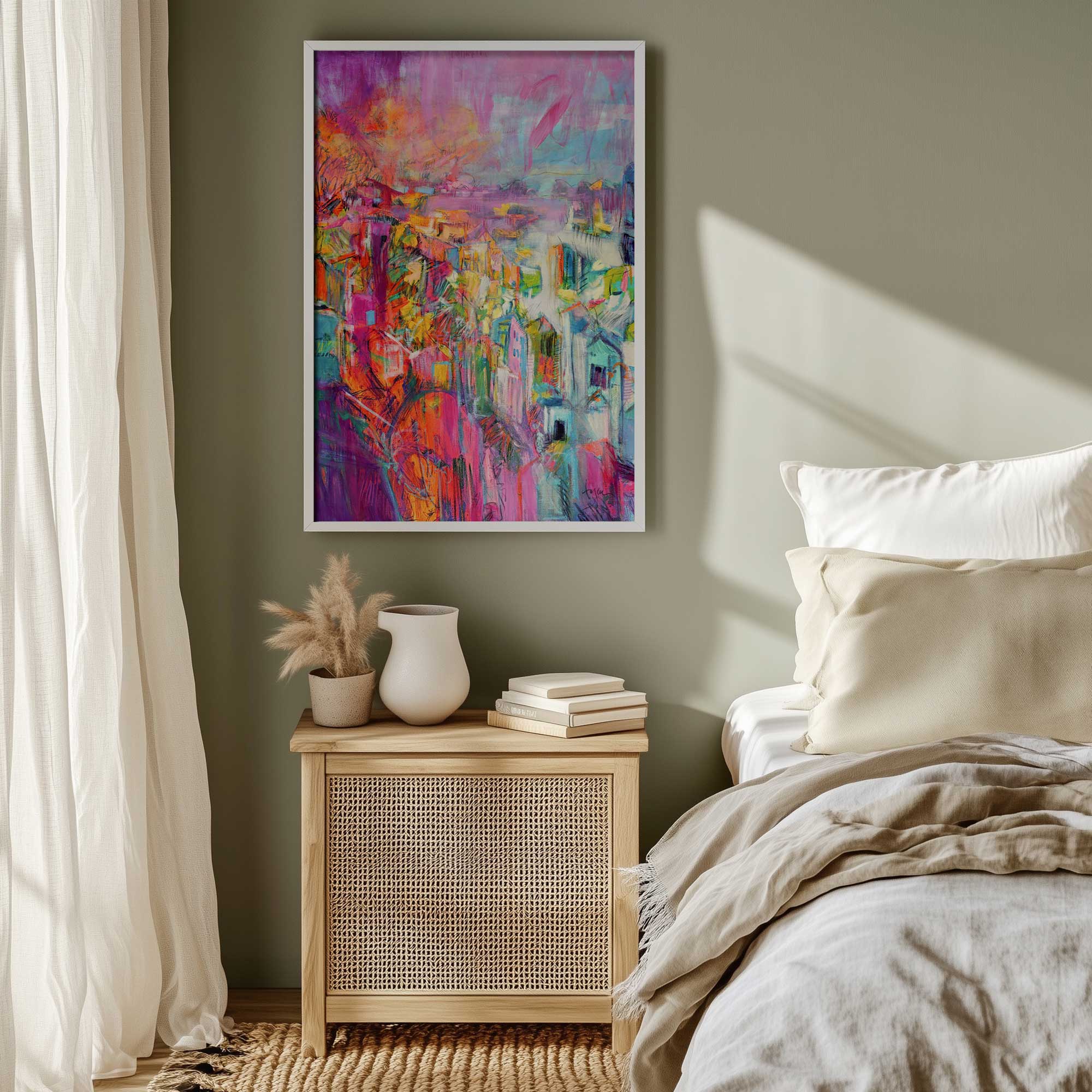 Garden Party in Paint II colorful abstract in a white frame hanging above a night stand