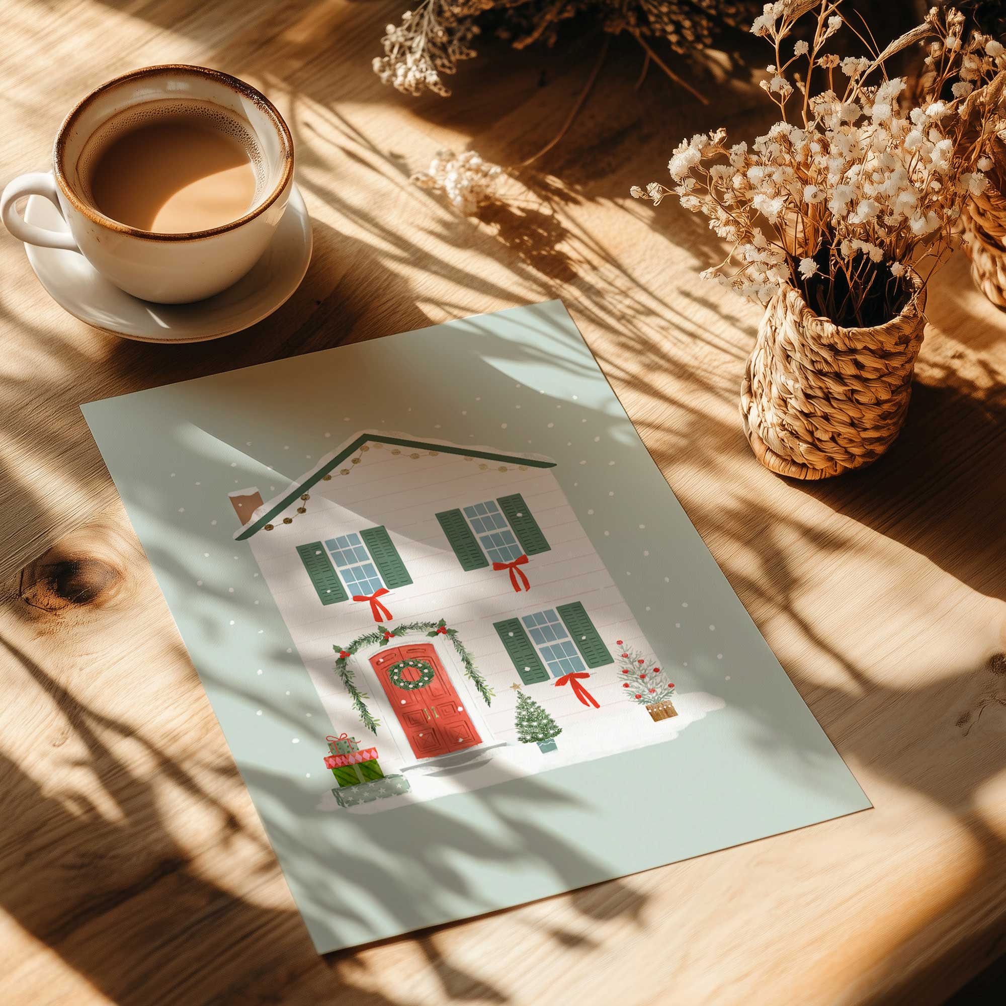 cozy christmas cottage I paper print on a table by some tea