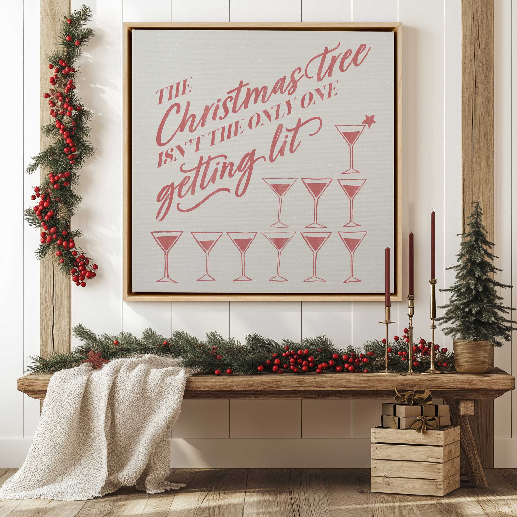 getting' lit, cheers! Framed canvas print hanging in an entryway