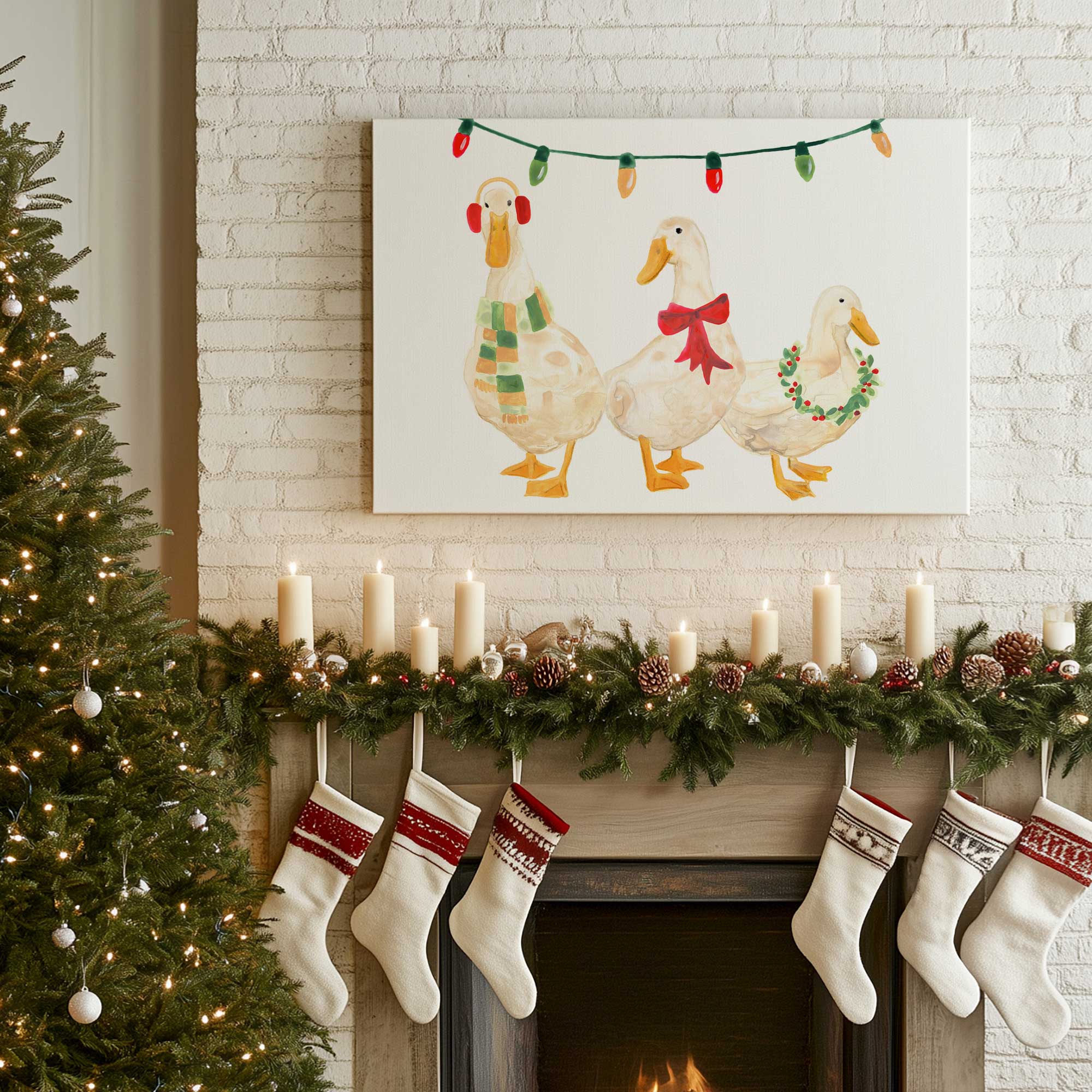 Merry Quackmas Trio Canvas print hanging above a fireplace