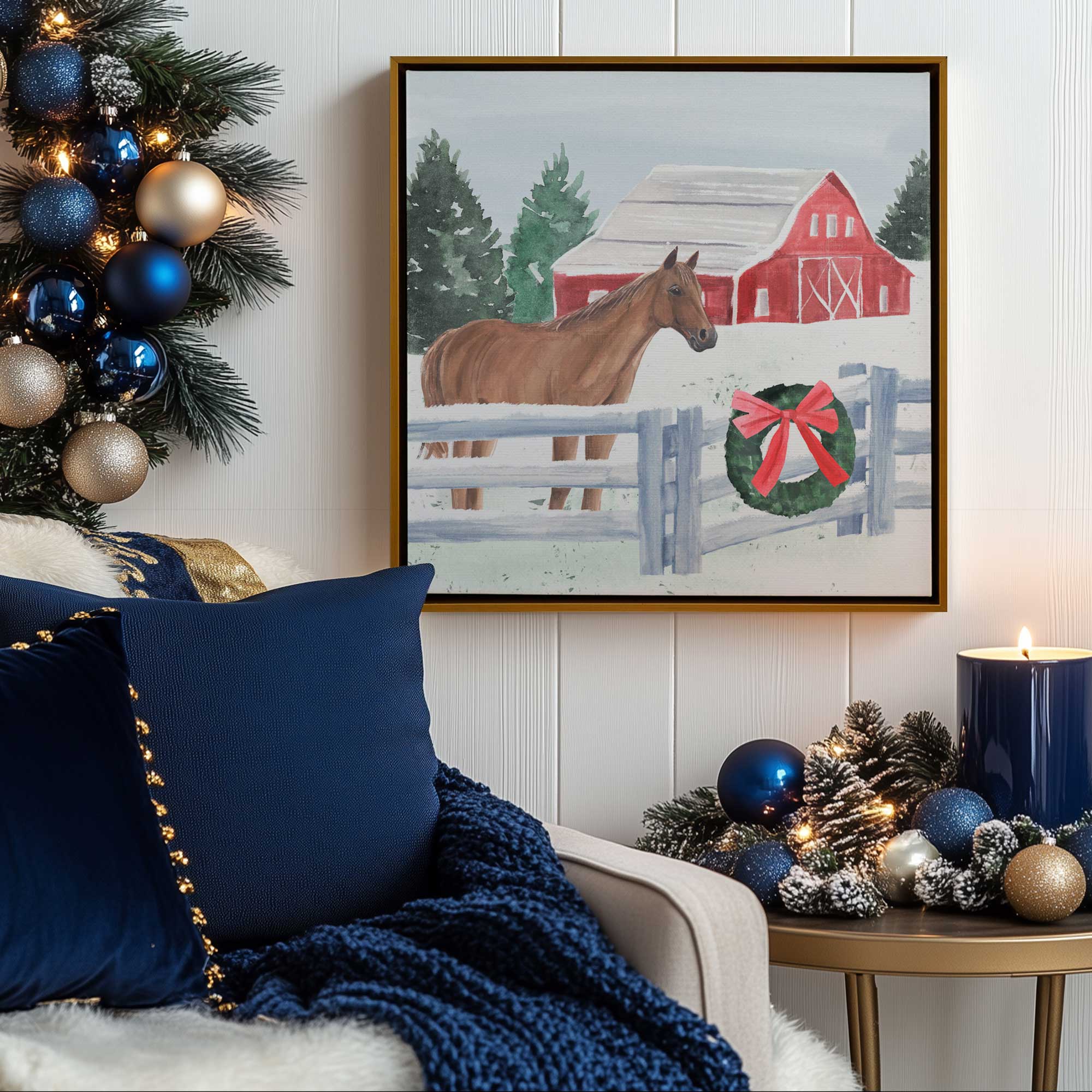 holiday barn days I canvas print in a gold floater frame hanging above a side table