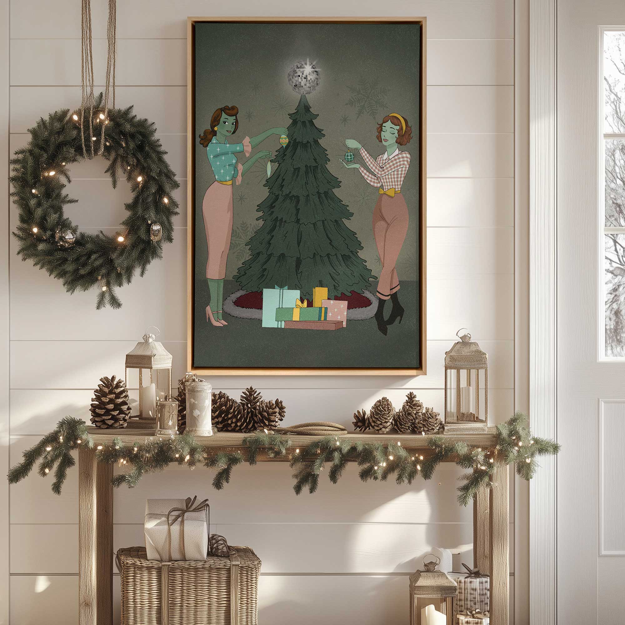 Merry * Bright moves canvas print hanging by the door