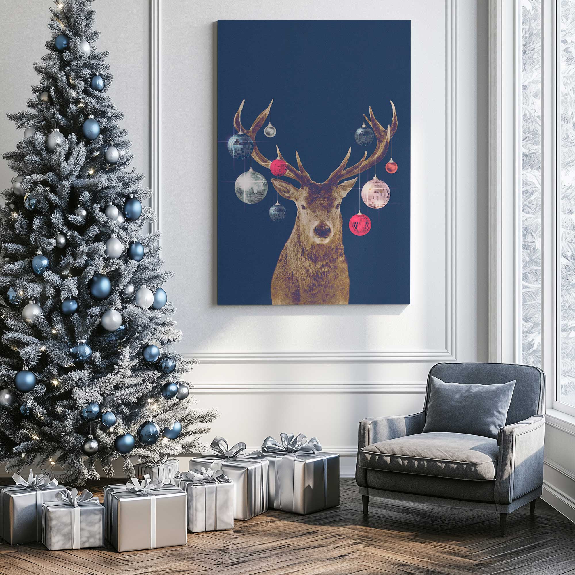 Boogie & Blitzen I canvas print hanging between a Christmas tree and a chair