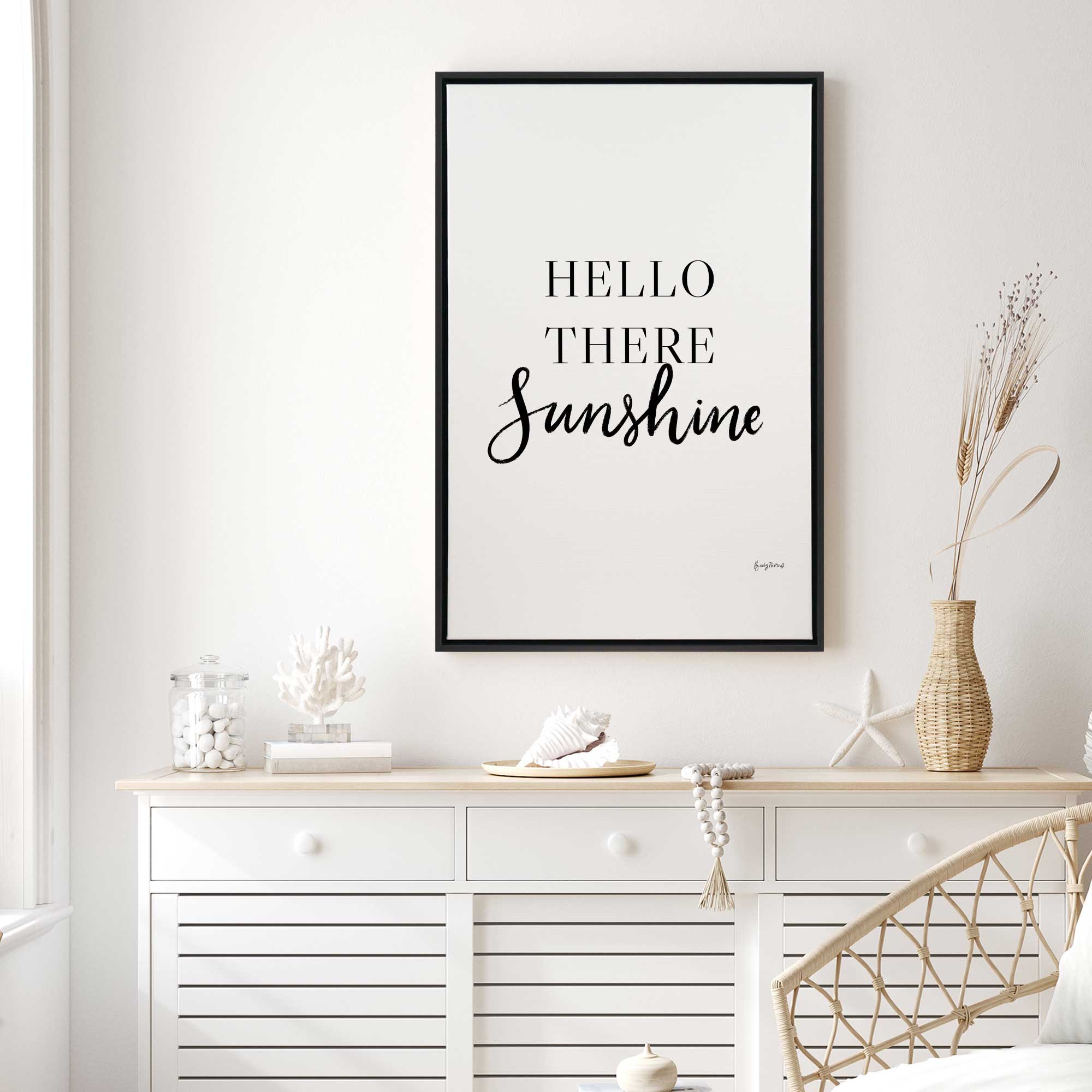 Hello There Sunshine canvas print hanging above a dresser