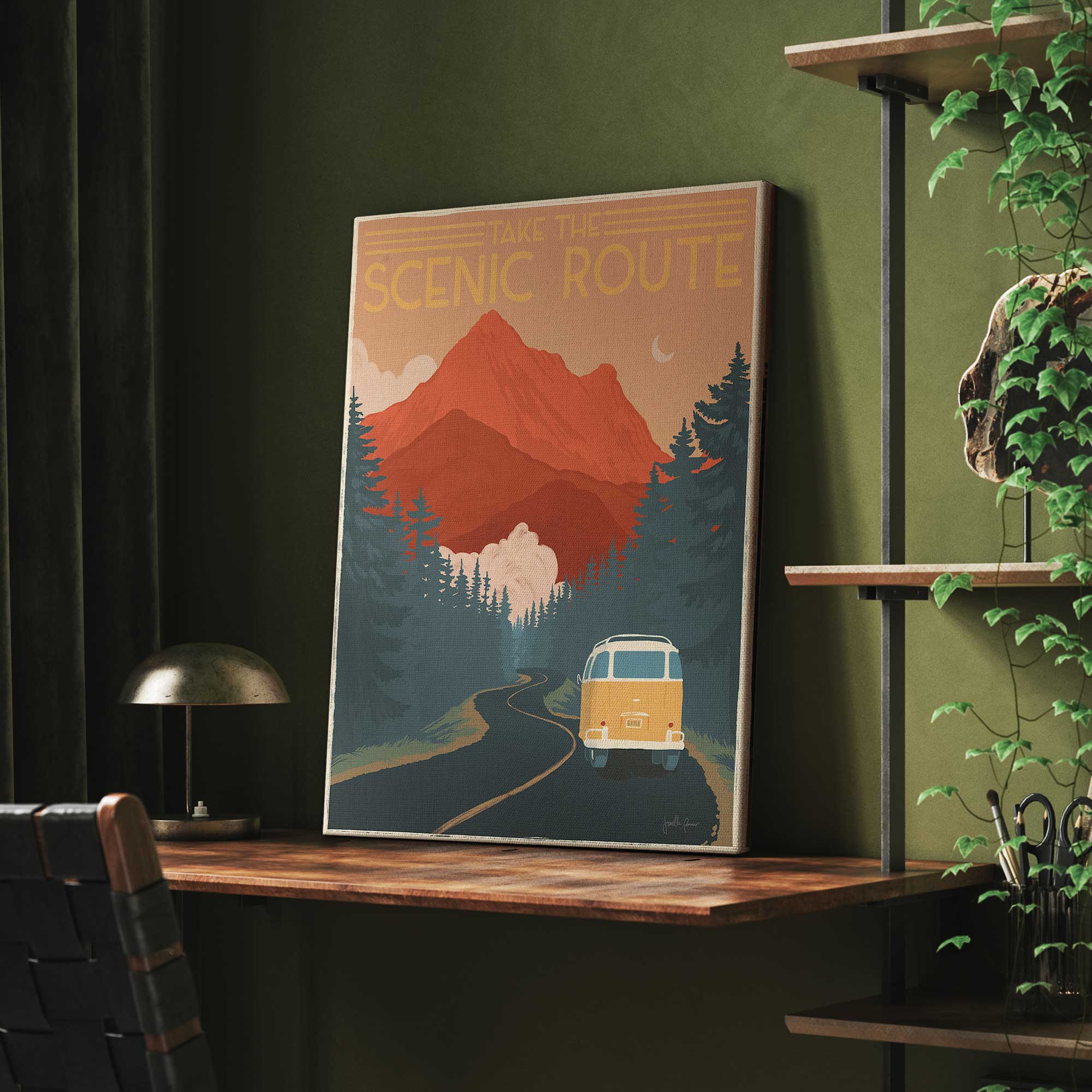 Mountain road trip canvas print leaning on a desk in a green office