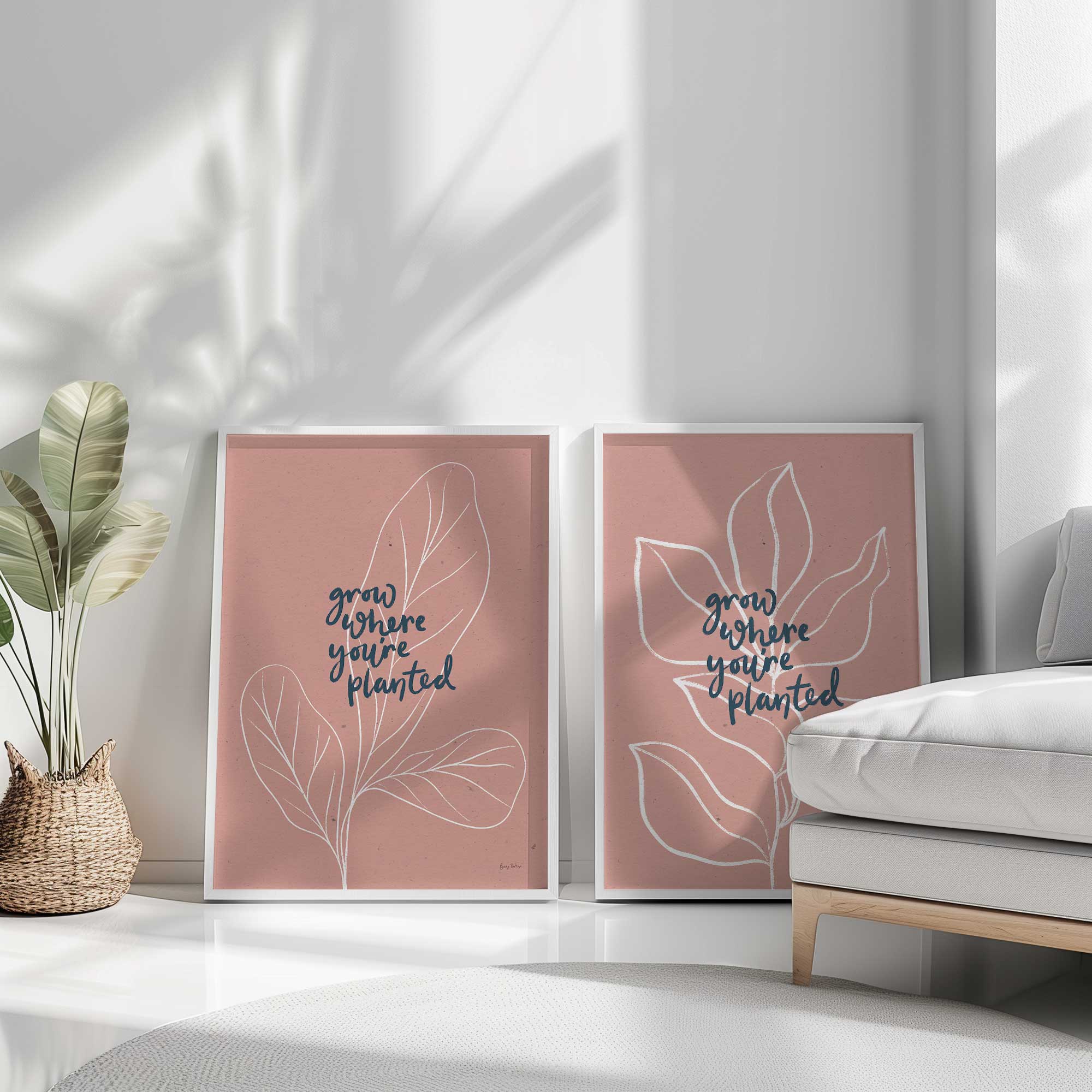 grow where you're planted set of 2 framed prints leaning against a wall