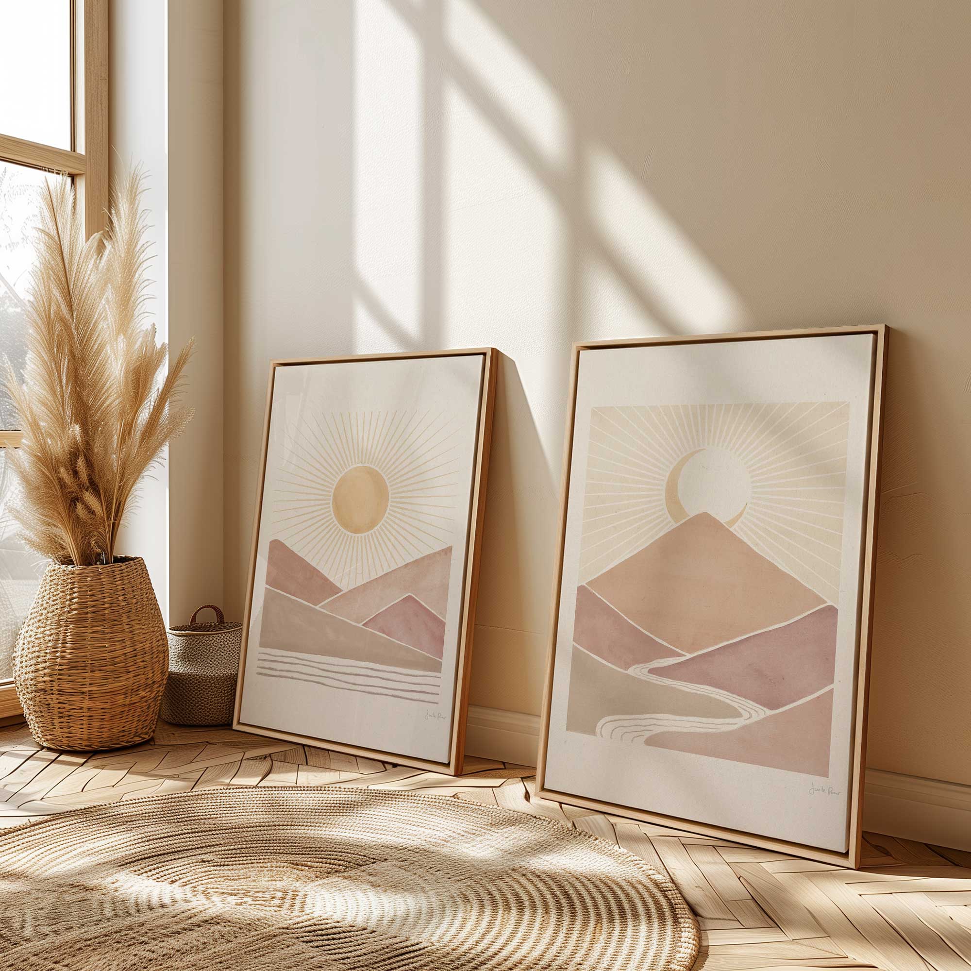 Desert Sunrise and Sunset canvas print set of 2 in maple floater frames leaning against the wall