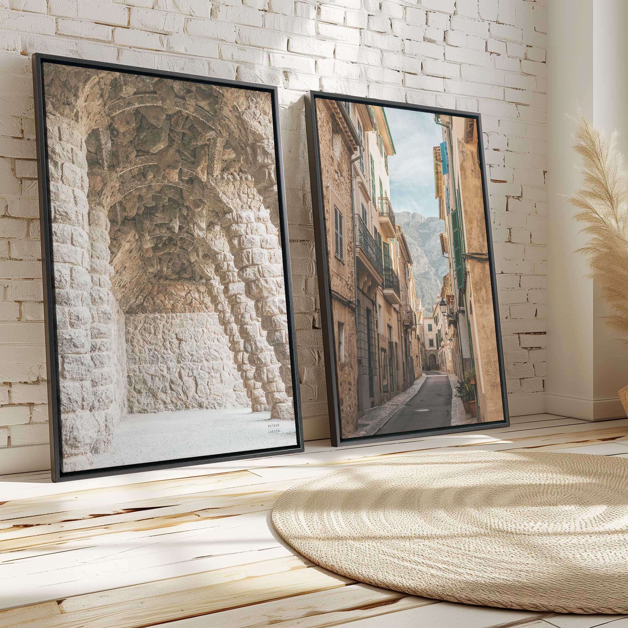 Timeless European streets framed canvas set of 2 prints leaning against a white brick wall