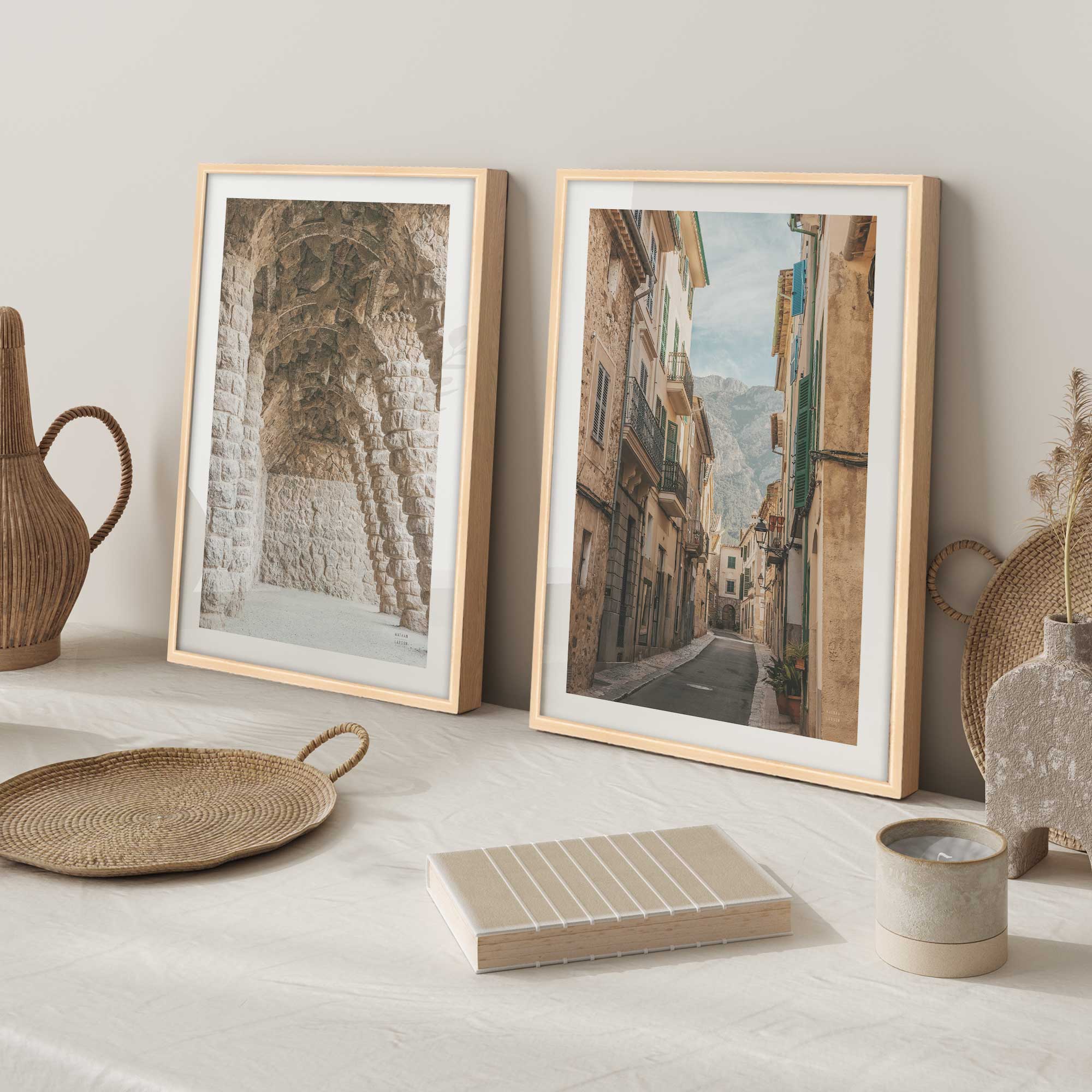 Timeless European Streets set of 2 art prints on a desk