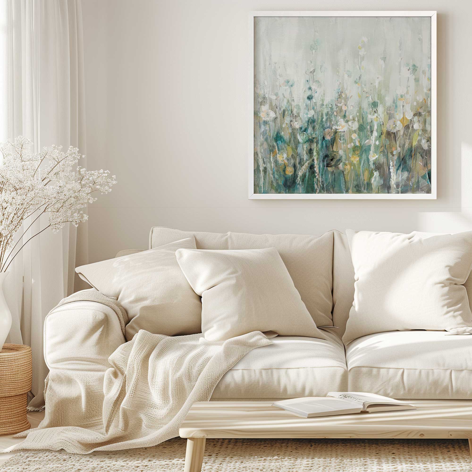 green wildflower whispers framed art print hanging above a couch with a cozy blanket and coffee table with an open book on it