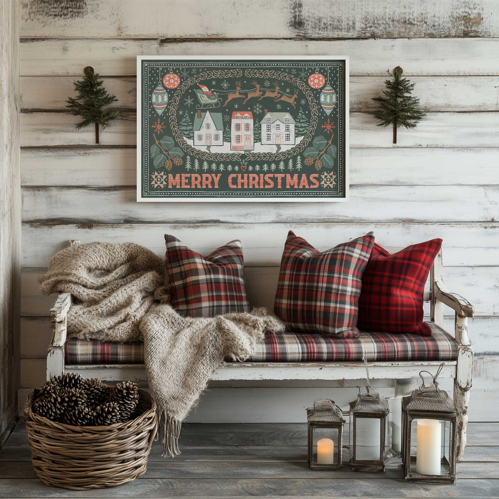 Santa's Neighborhood express paper print hanging above a bench with plaid cushions