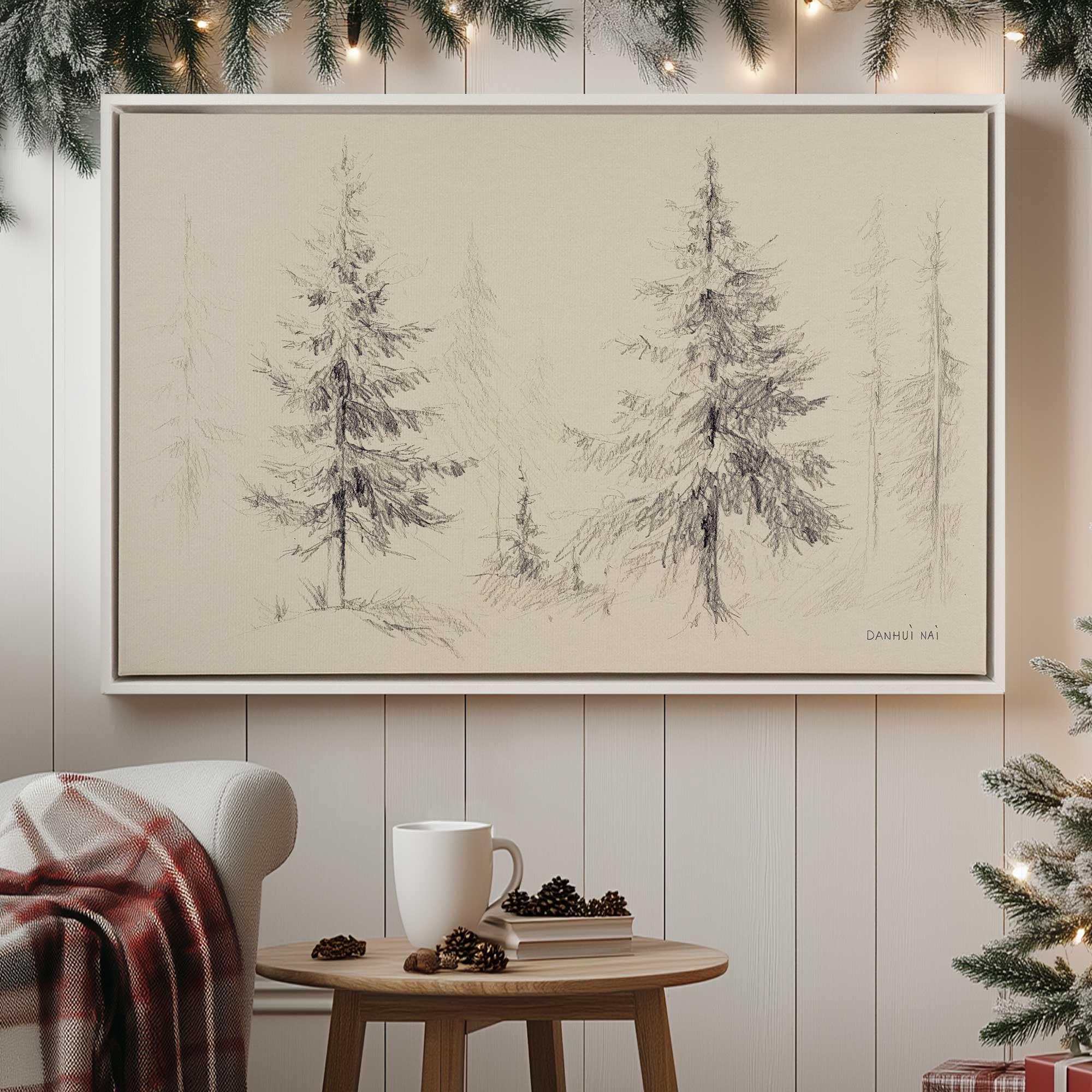 Winter Woods Canvas print in a white floater frame hanging in a living room