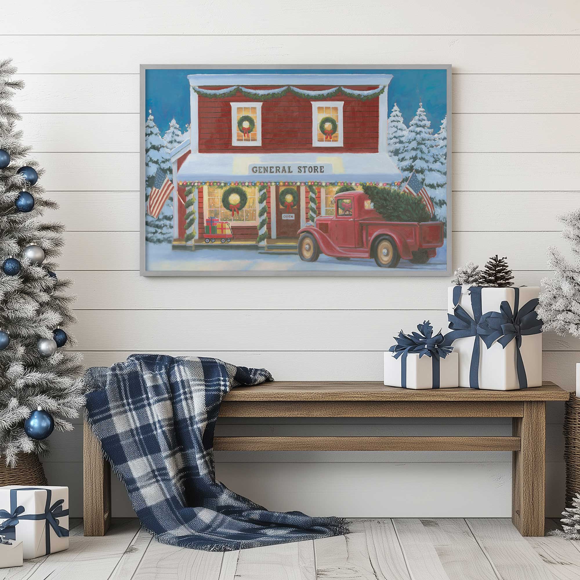 Tree haulin' holiday stop paper print in a silver frame hanging by the tree