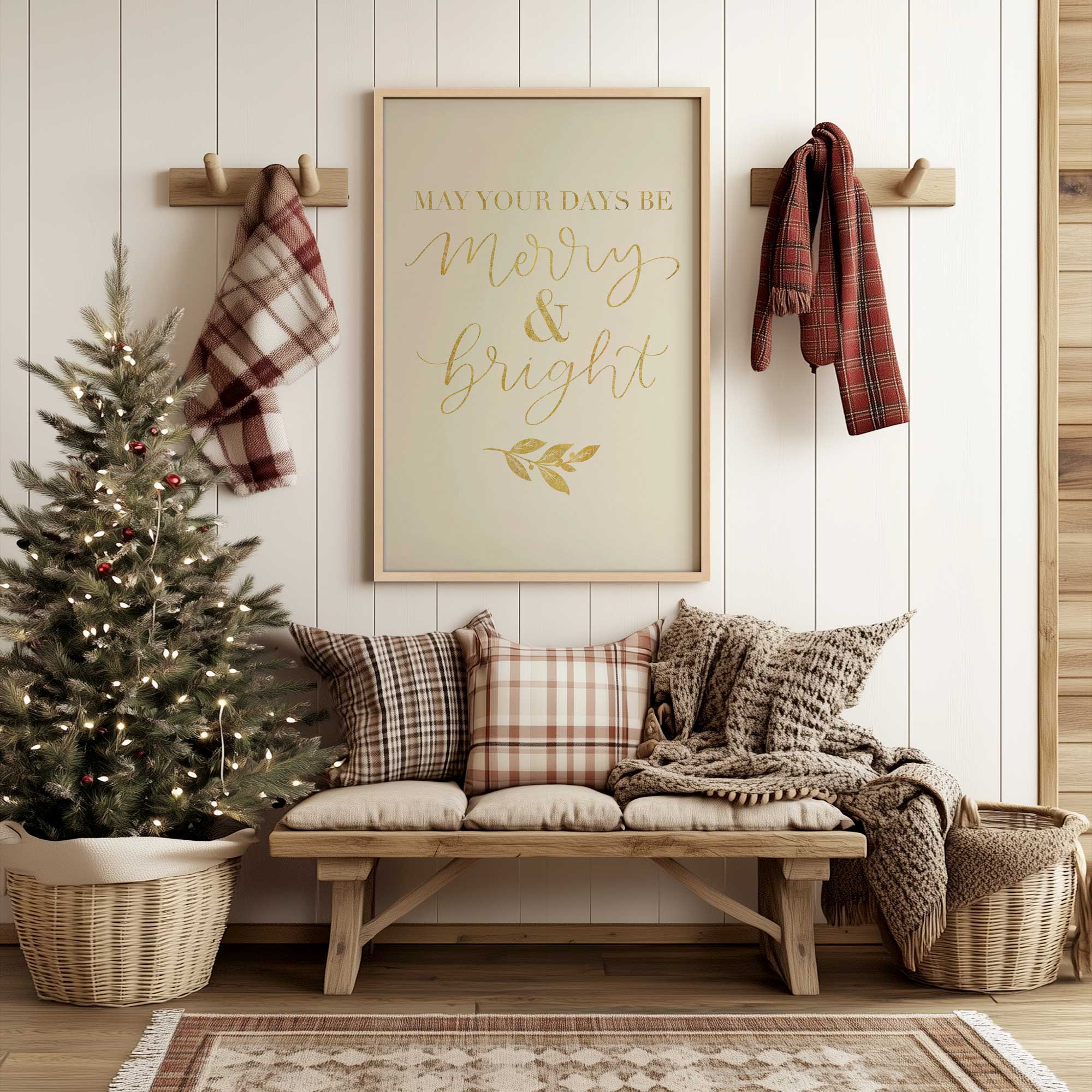 Merry & Bright Paper Print hanging above a bench