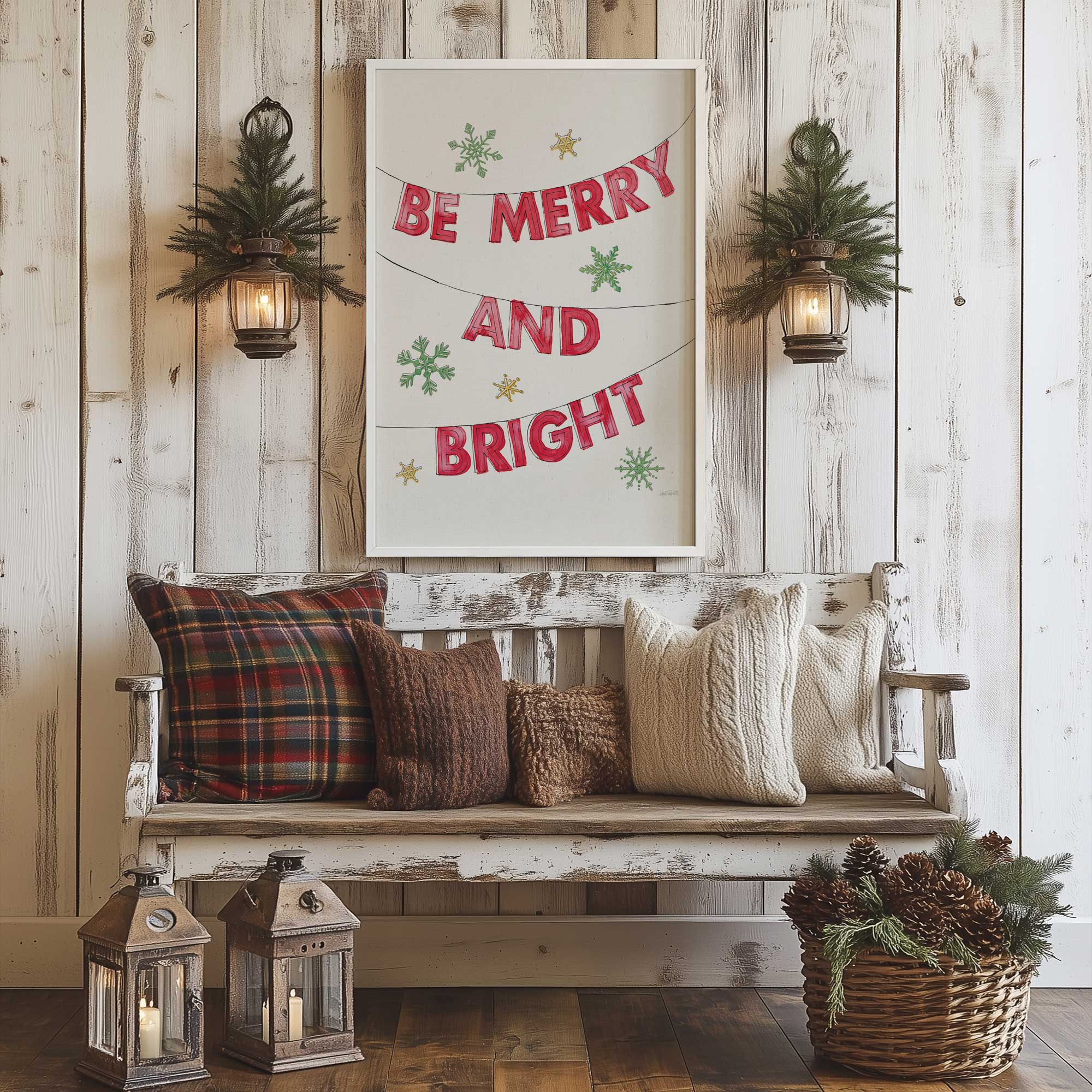 Be Merry and Bright framed art print hanging above a bench