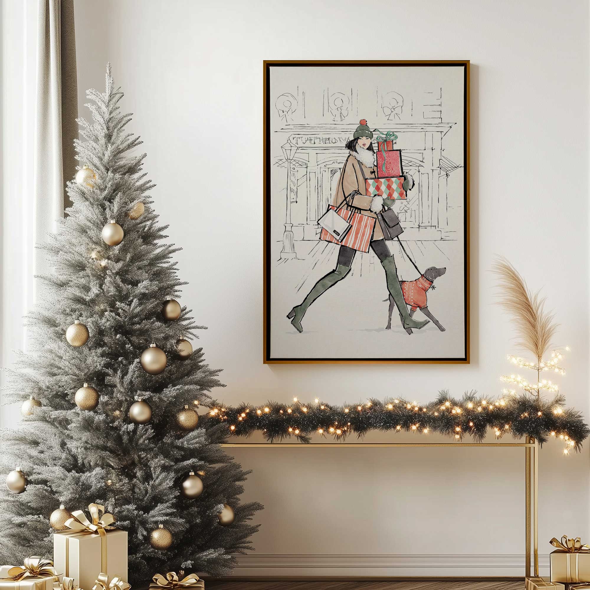 festive sidewalk strut canvas print in a gold floater frame hanging above a console table