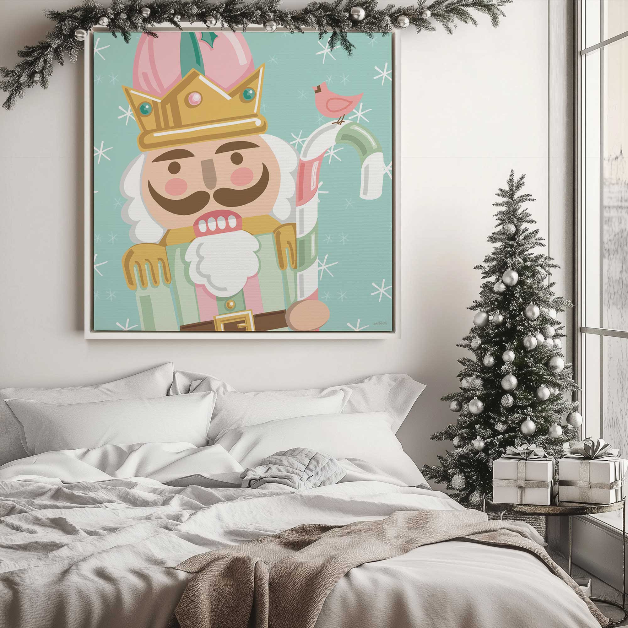 Candy Cane King canvas print in a white floater frame hanging above a bed