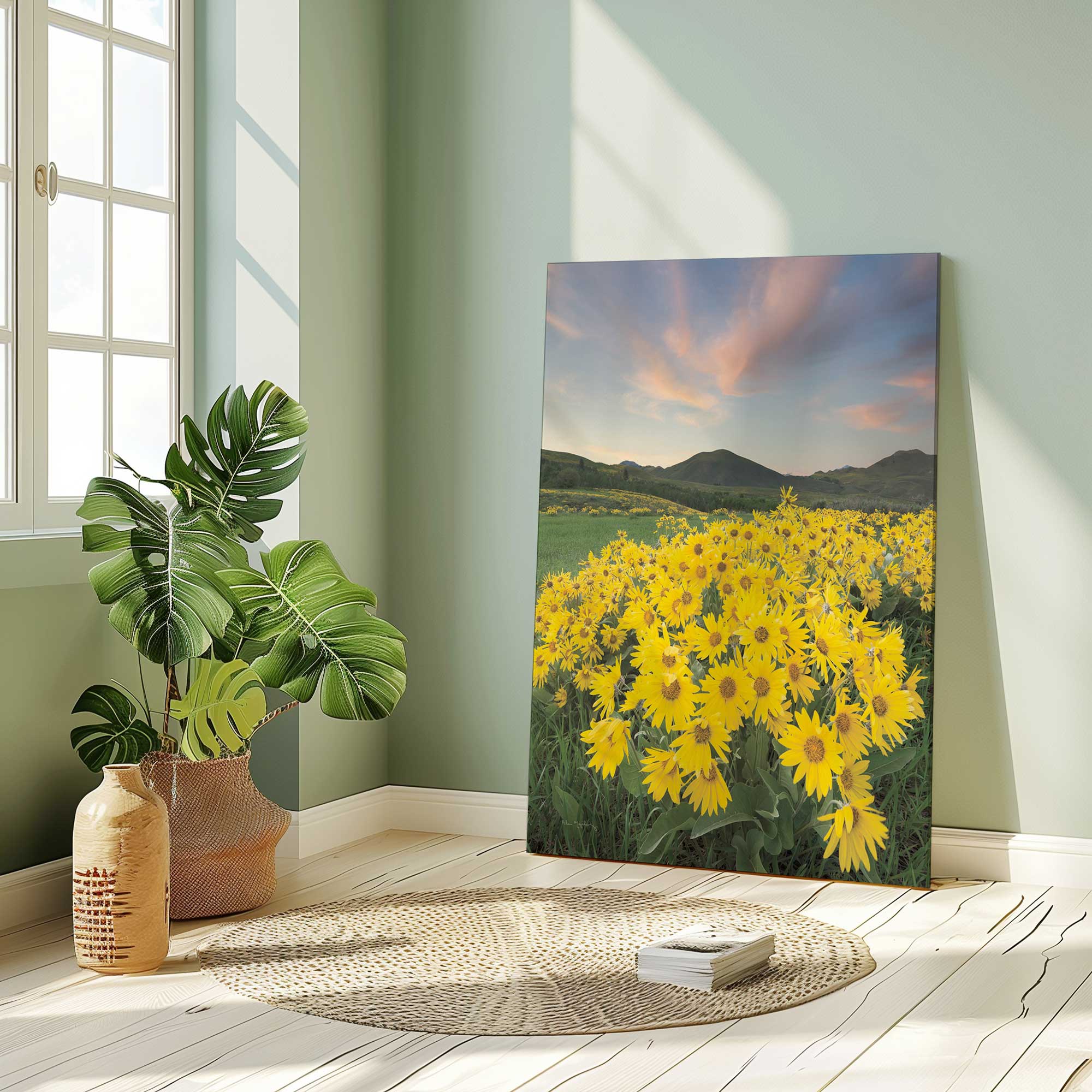 sunny field vibes stretched canvas print leaning against a green wall