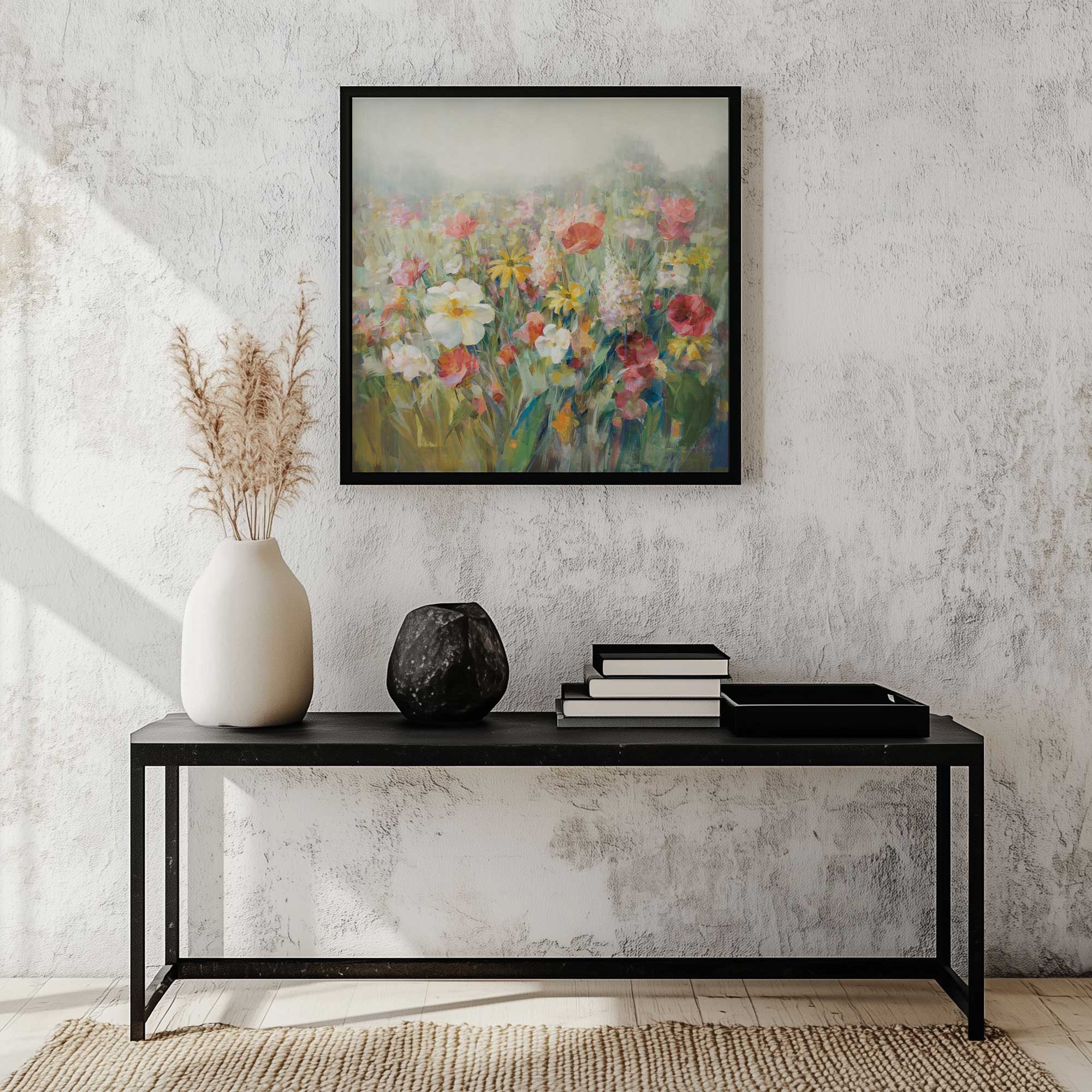 Petal Part meadow paper print in a black frame hanging in an entryway