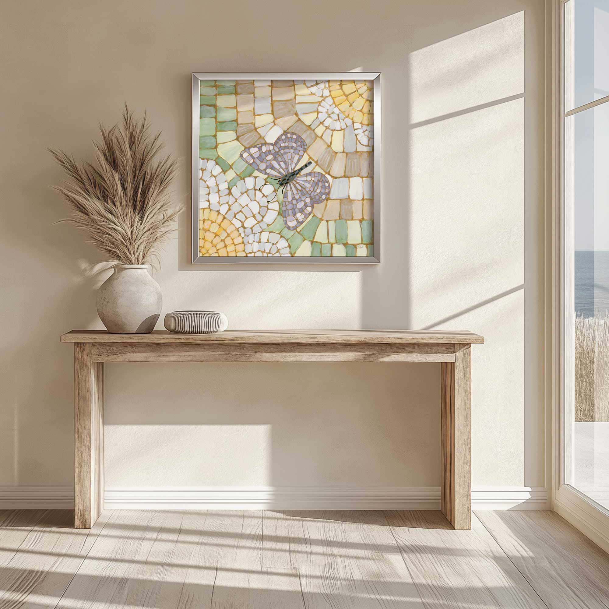 Purple flutter pop mosaic style framed art print of a butterfly and daisies hanging in an entryway