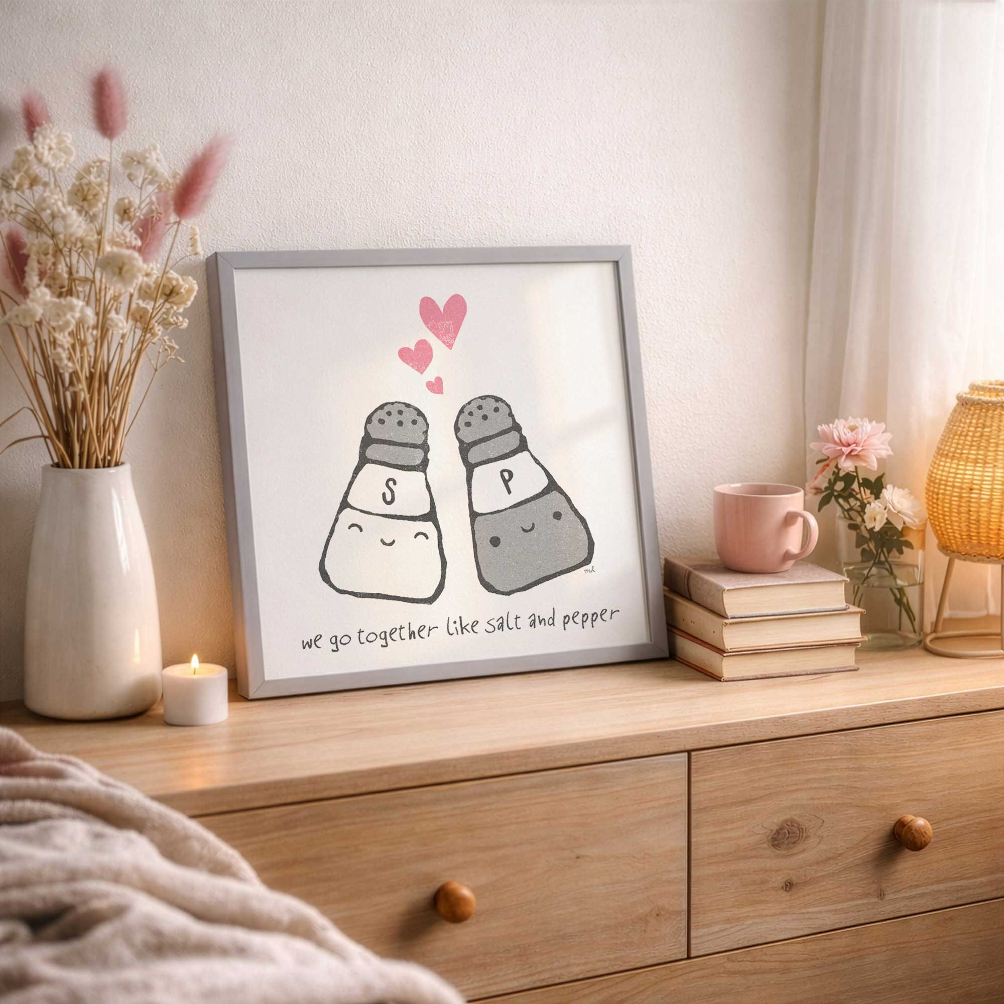 we go together like salt and pepper framed art print on a dresser