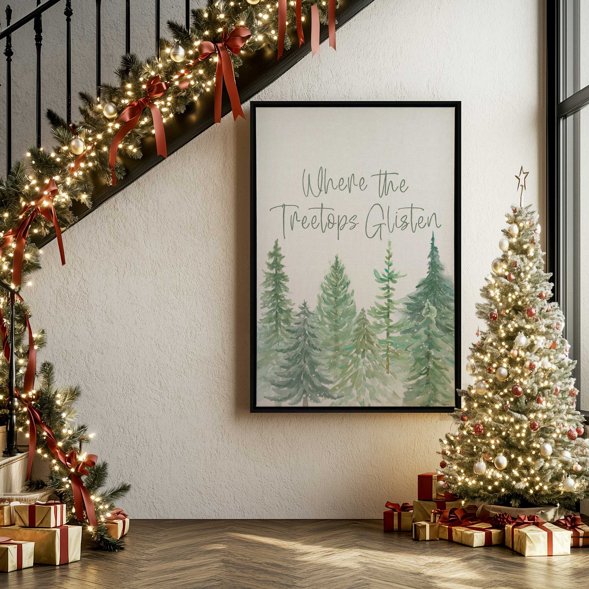 Glistening Pines canvas print in a black floater frame hanging by a staircase