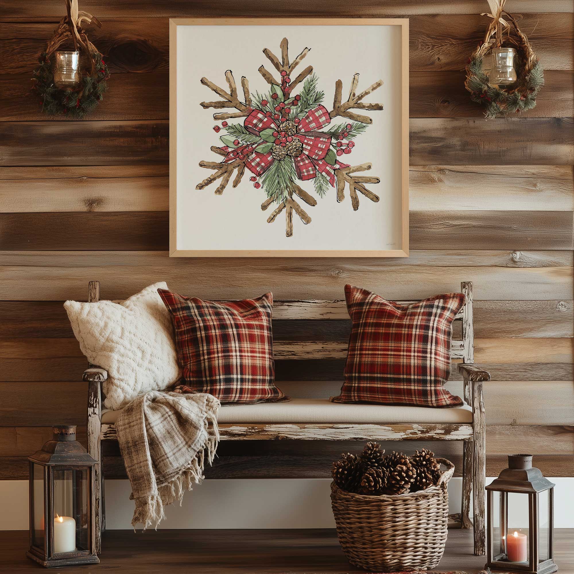 evergreen snowflake I maple art print hanging above a bench