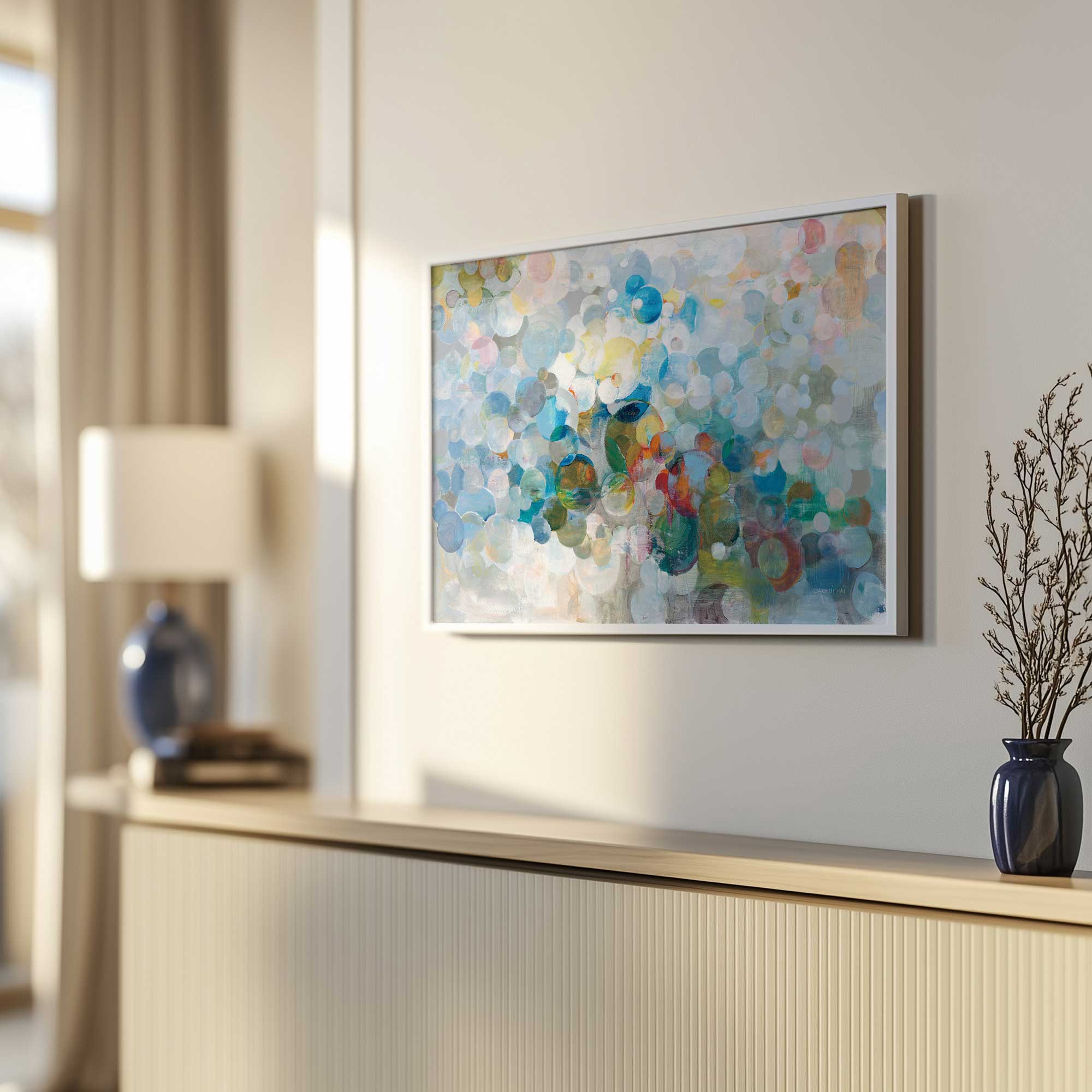 Pops of Colors Art Print in a white frame hanging in an entryway