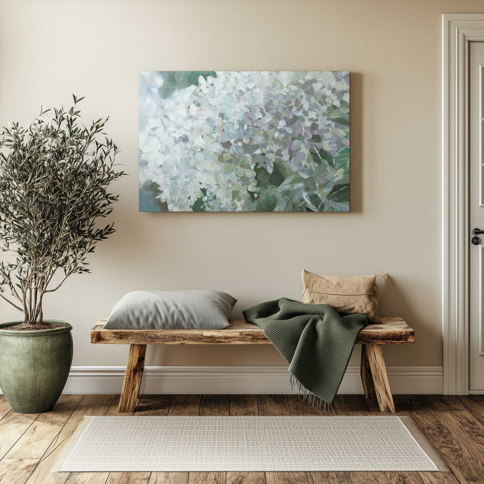Annabelle Hydrangea canvas print hanging above a bench in an entryway