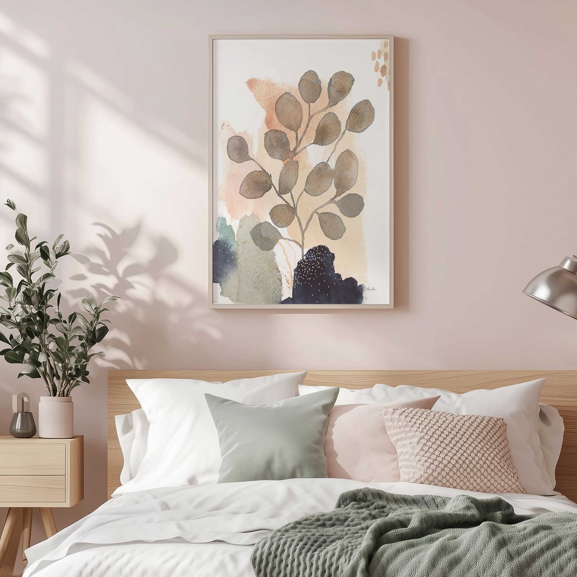 earthly leaf portrait IV art print hanging above a bed