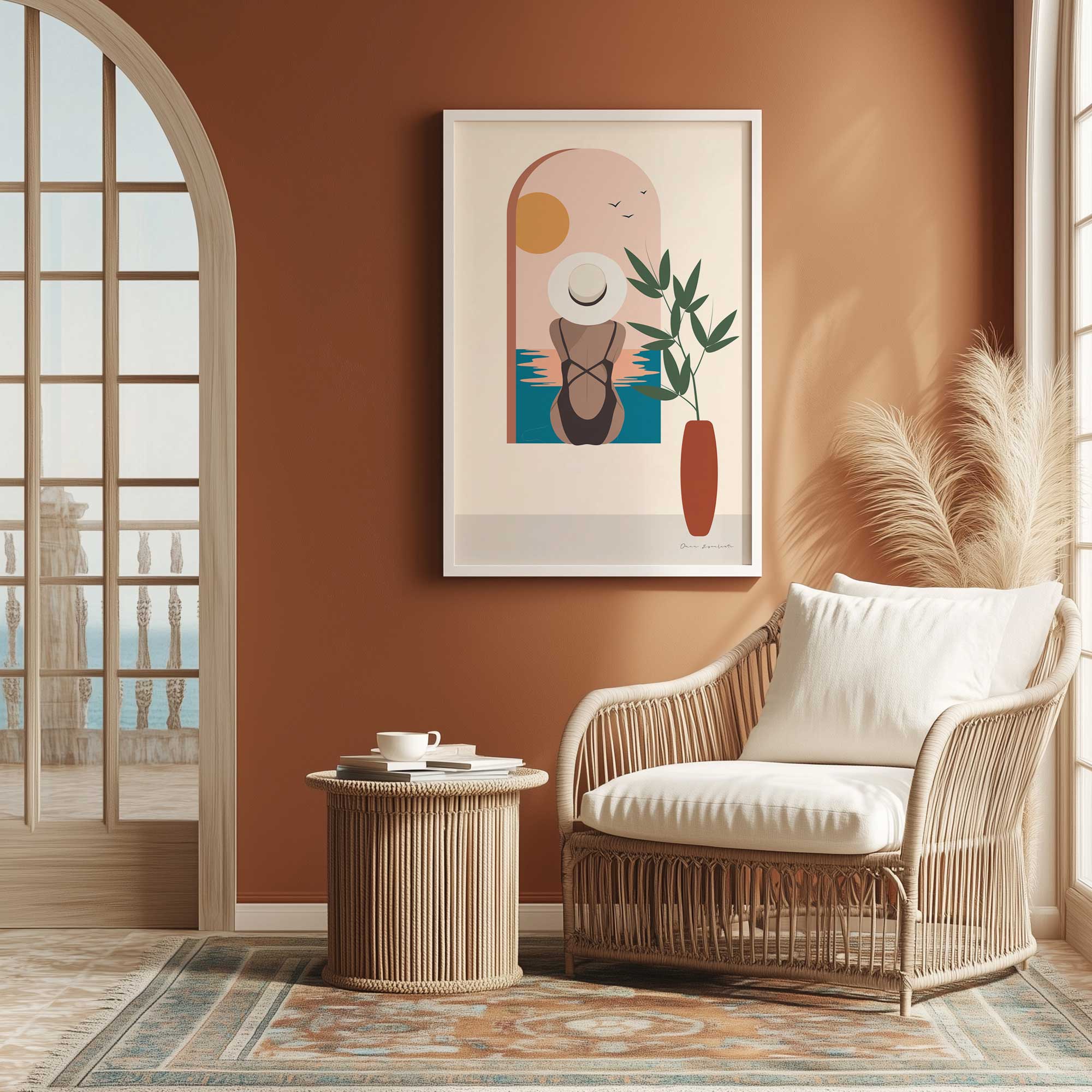 Sunny Vacation II art print hanging in a golden brown sitting room