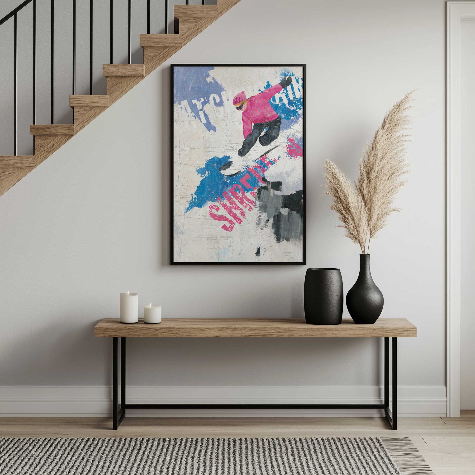 shred season graffiti art print hanging in a staircase
