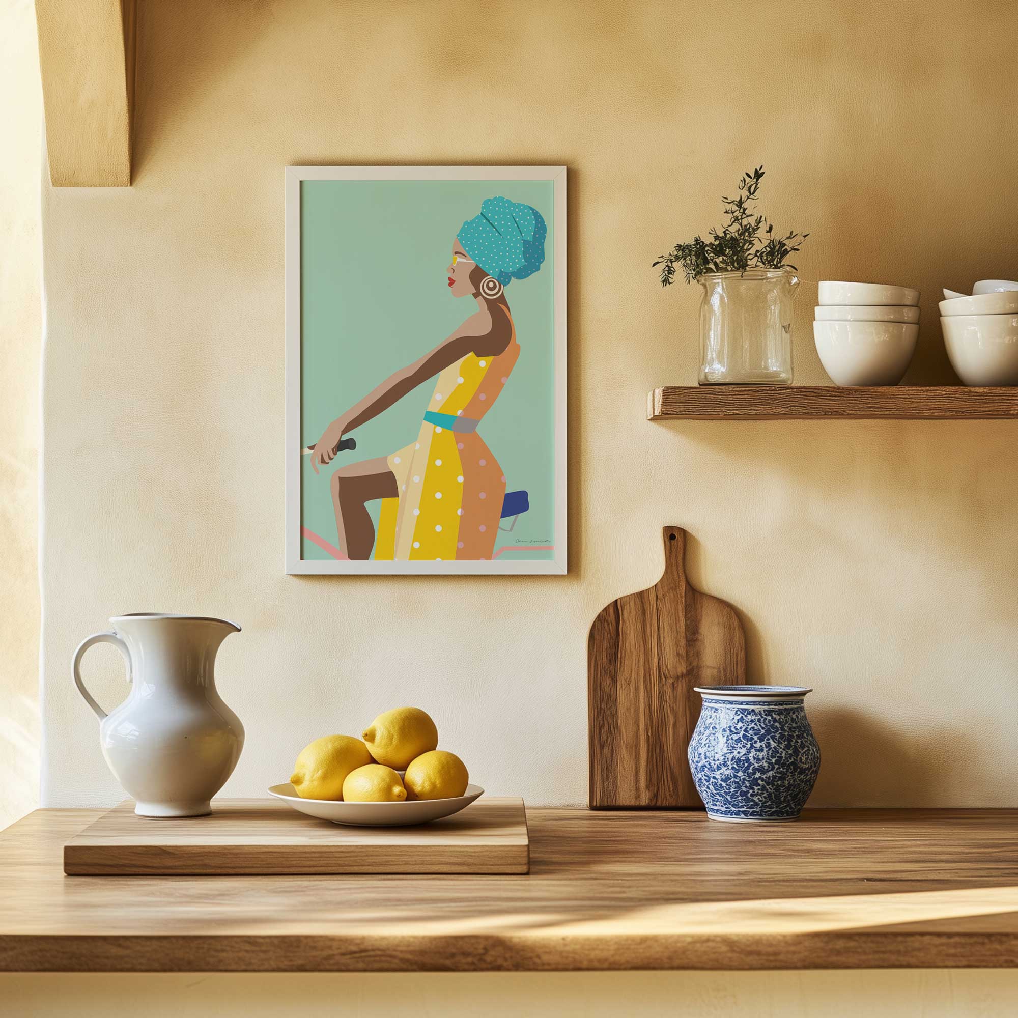 Pedal and Polka Dots framed art print hanging in a kitchen
