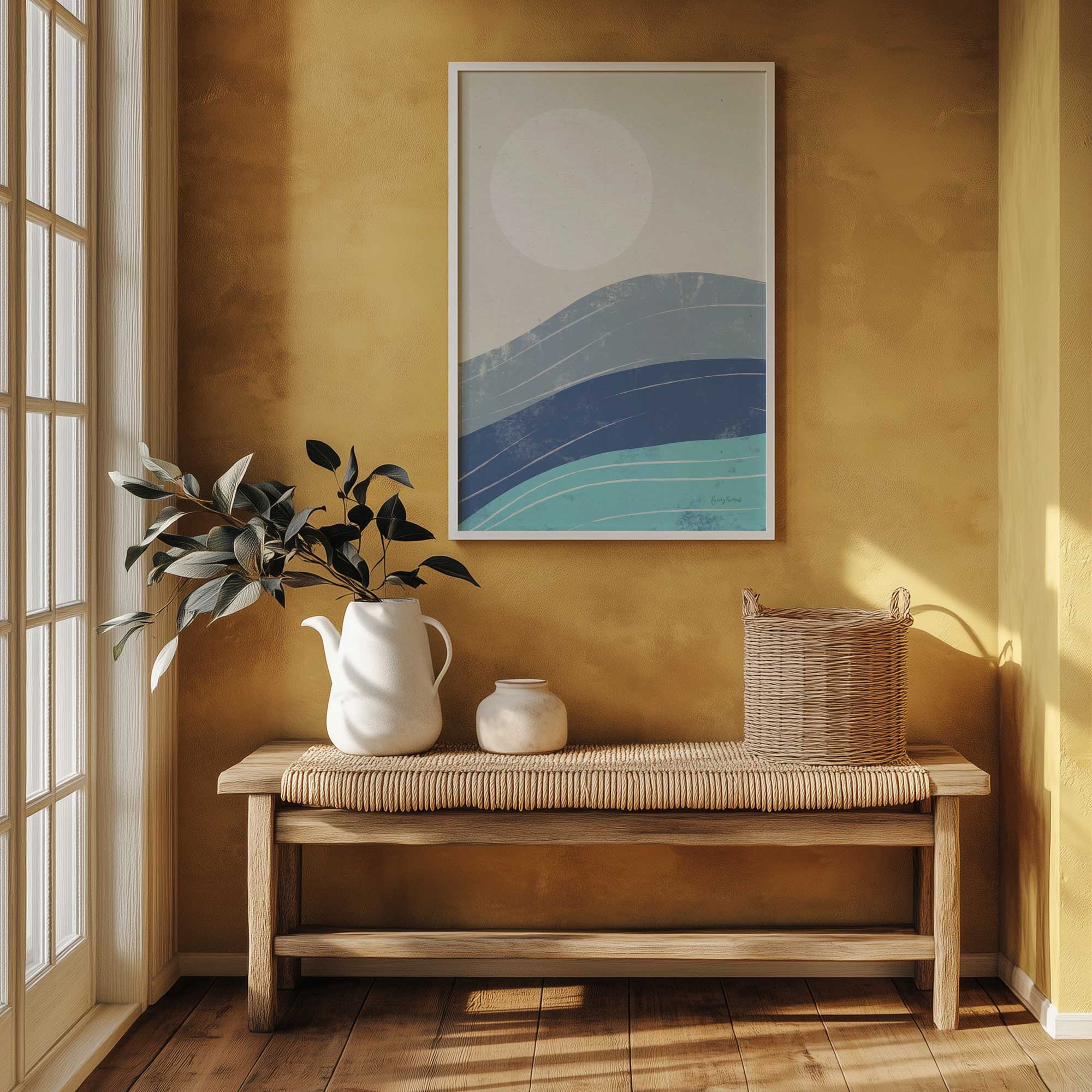 Tide and Bright Art Print hanging above a bench