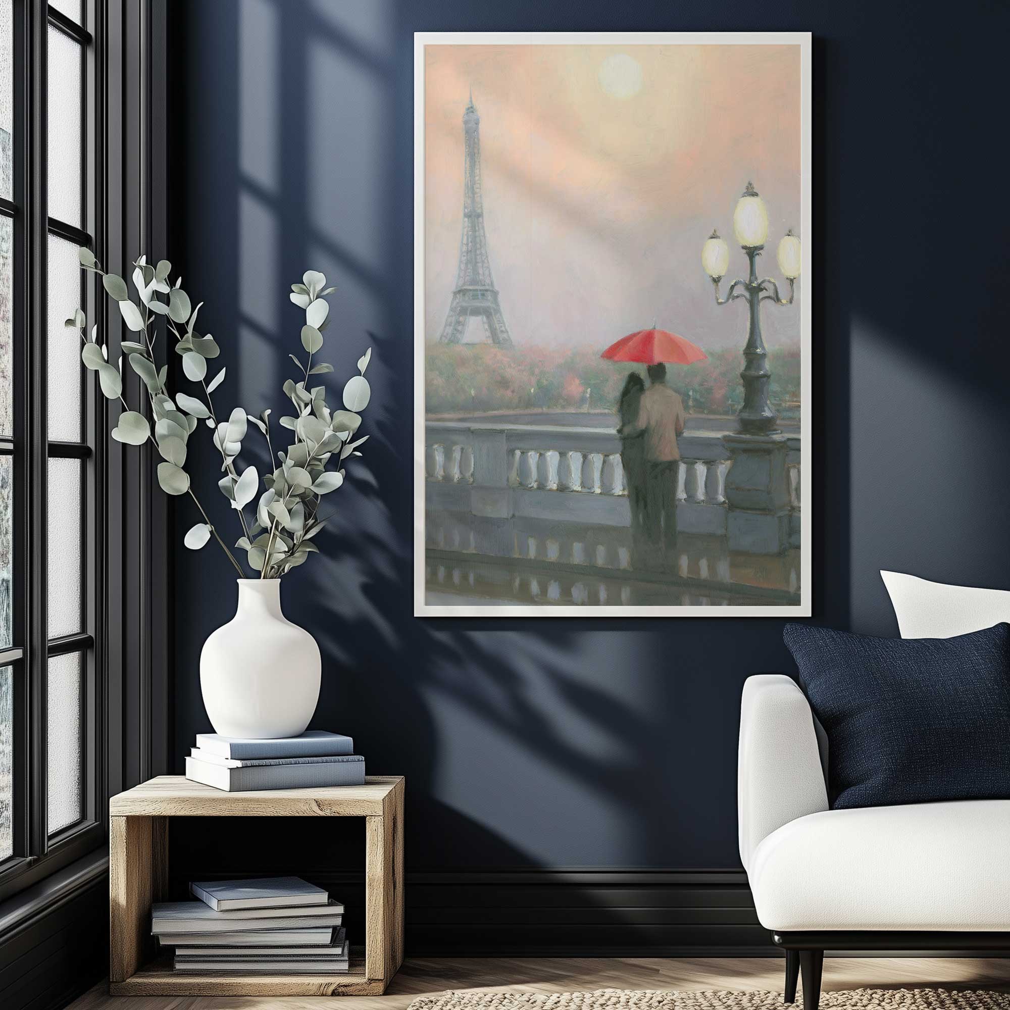evening stroll sunset in Paris art print hanging in a navy blue sitting room