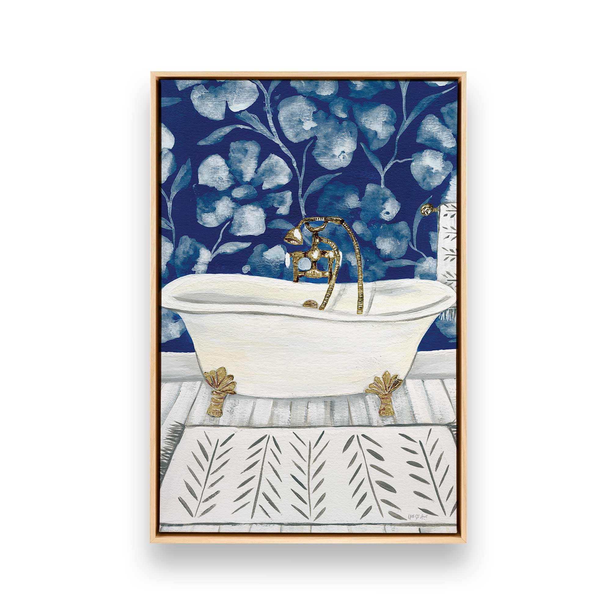 blue floral bathroom bliss canvas print in a maple floater frame