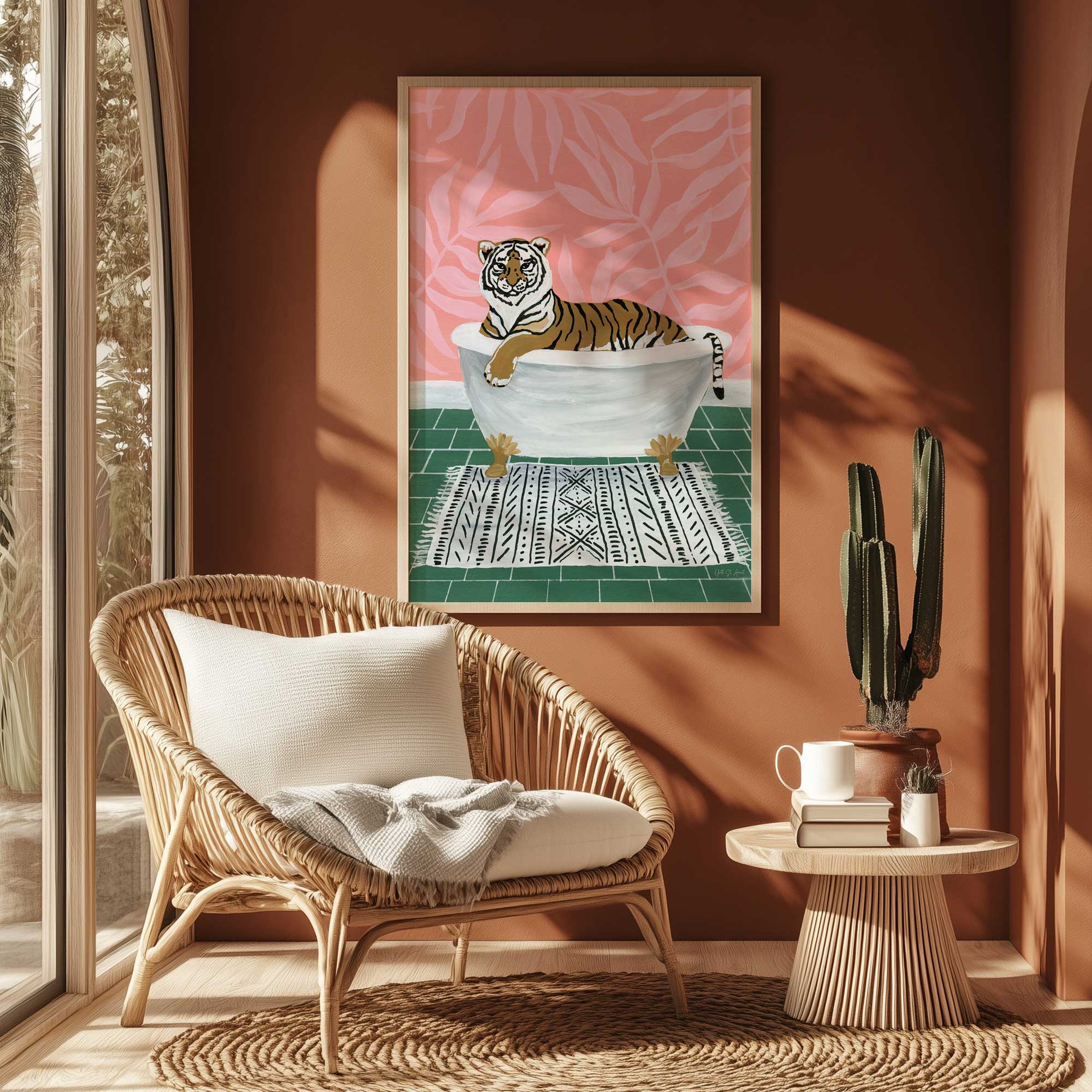 soaking like a striped queen art print of a tiger in a bathtub
