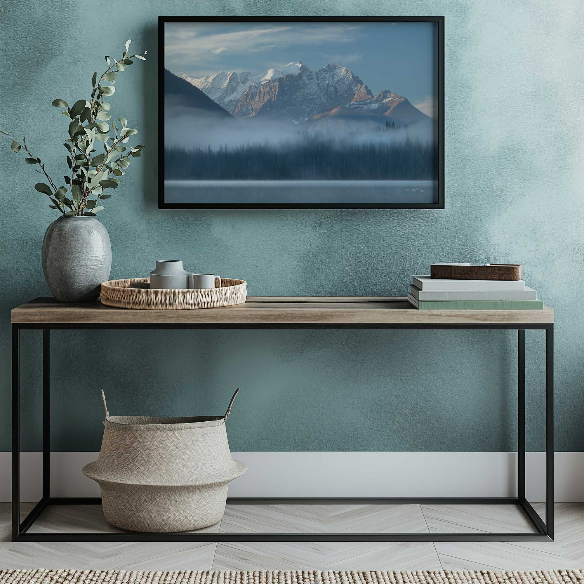 snowy peaks and morning mist framed art print hanging above study desk