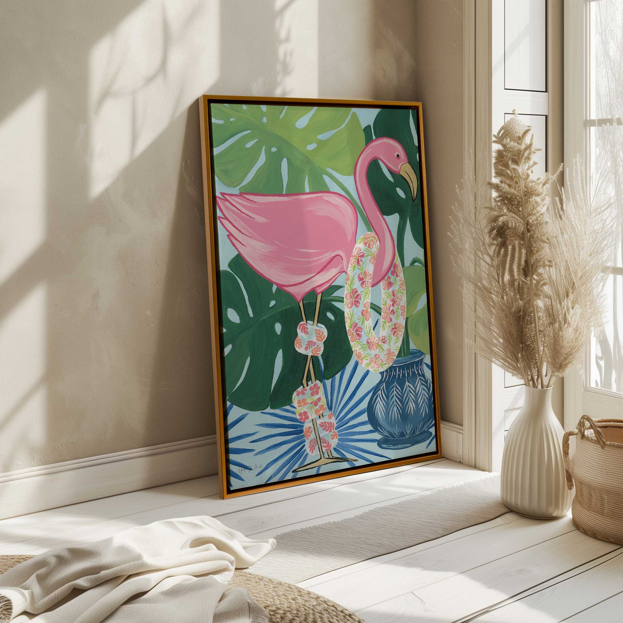 Floating Fashion Moment canvas print in a gold floater frame leaning against the wall