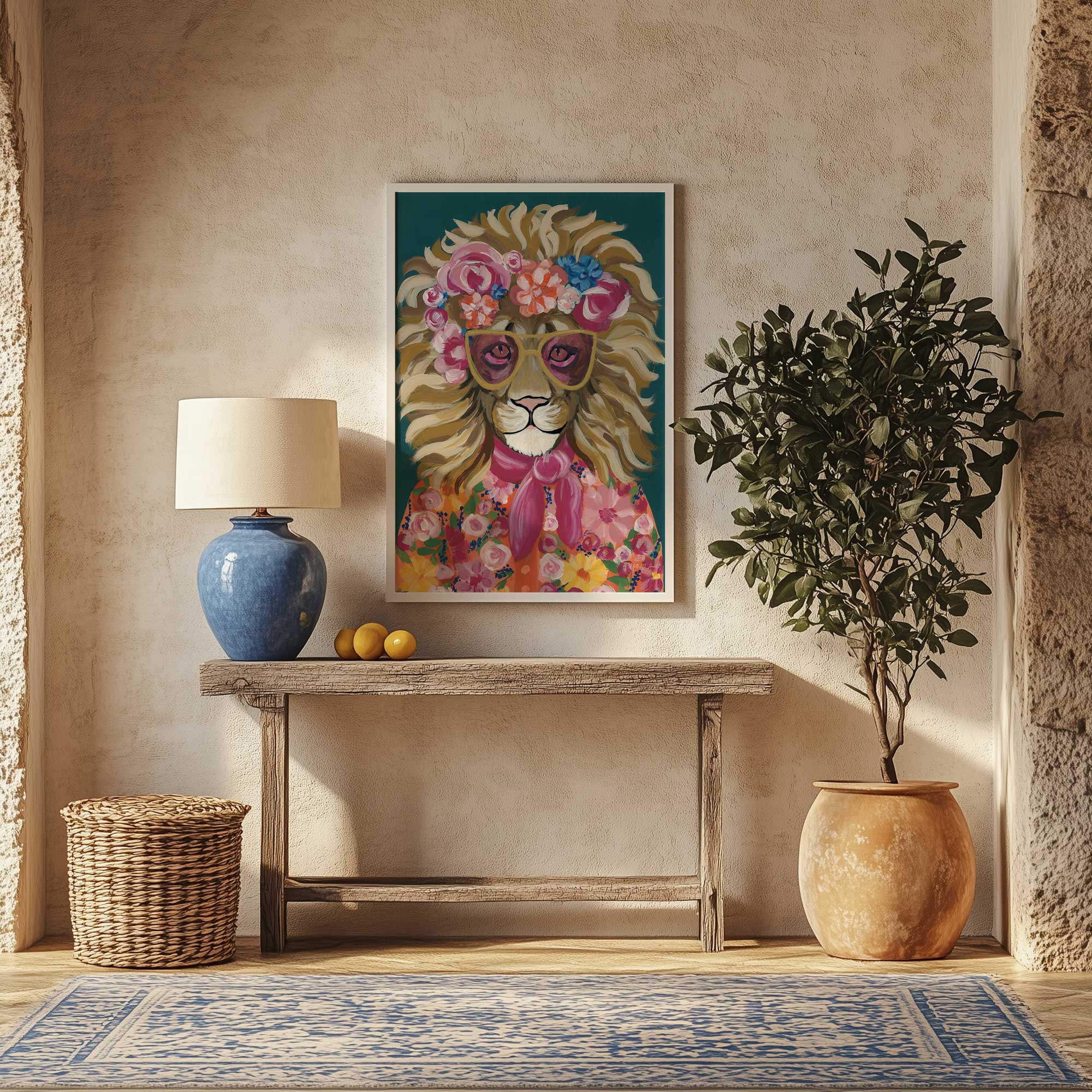Roaring in Bloom art print of a lion in a fabulous floral blouse