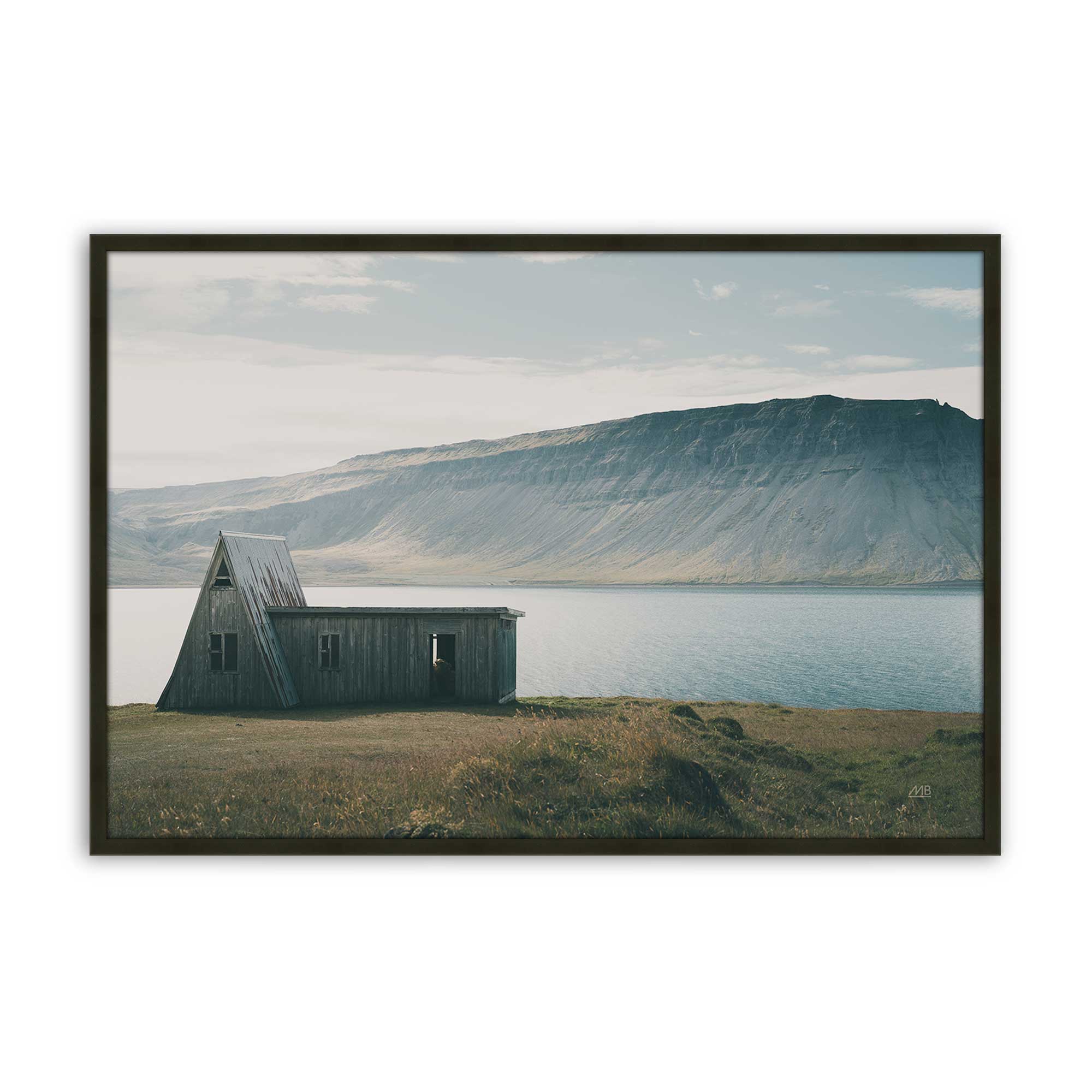 Quiet Lake and Lonely Cabin Paper print in a black frame