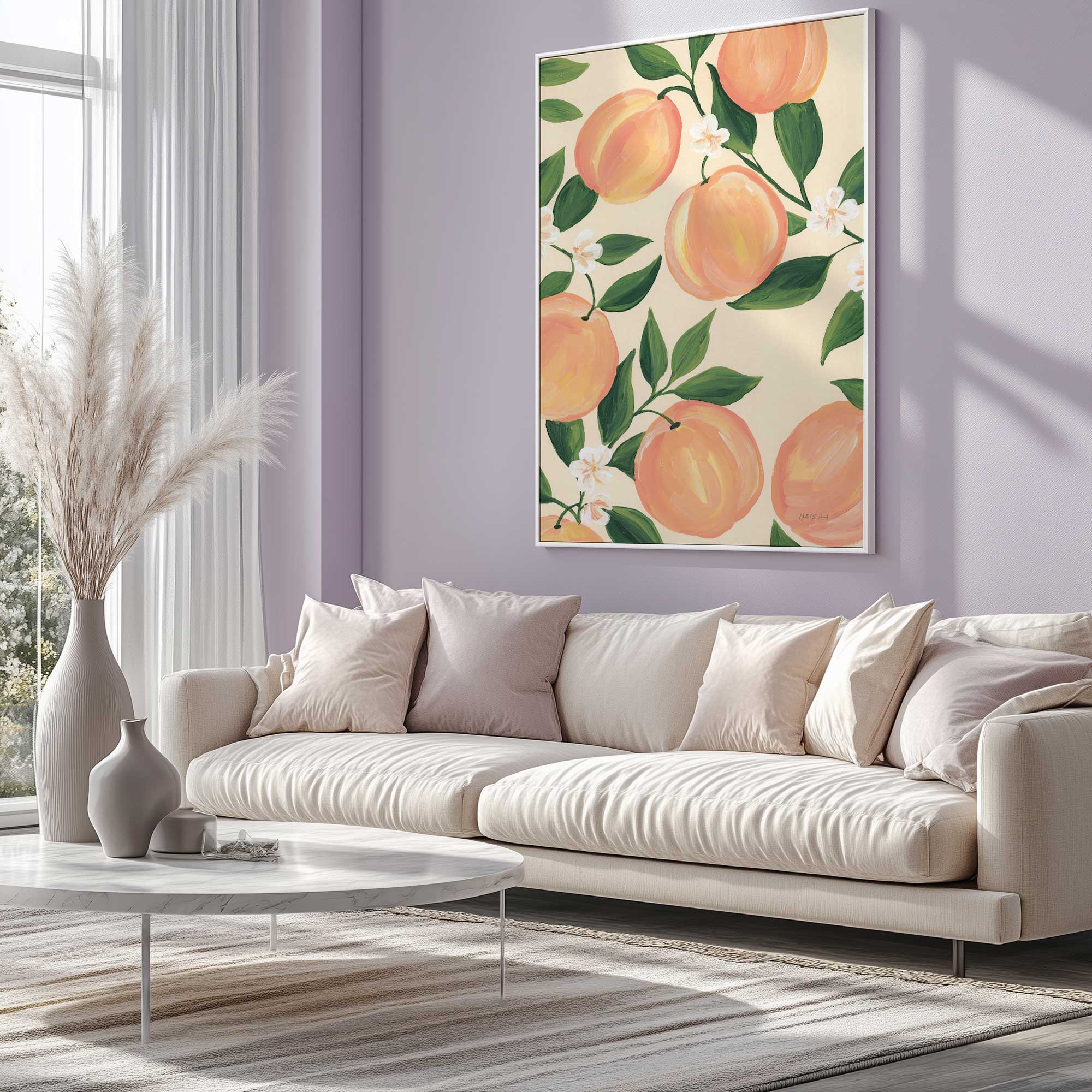 peaches in bloom on cream art print in a light purple living room