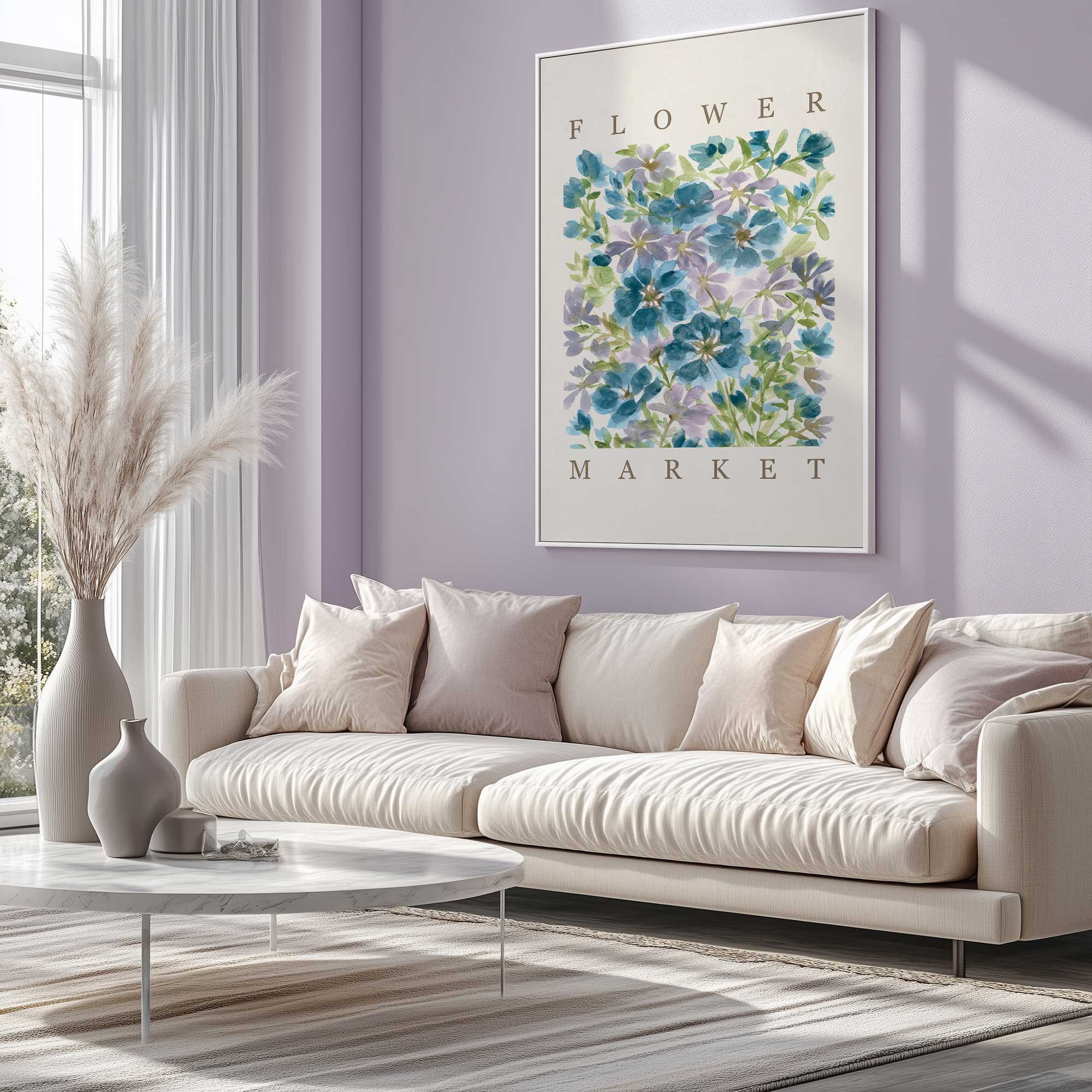 Cool hues at the flower market art print hanging in a light purple living room