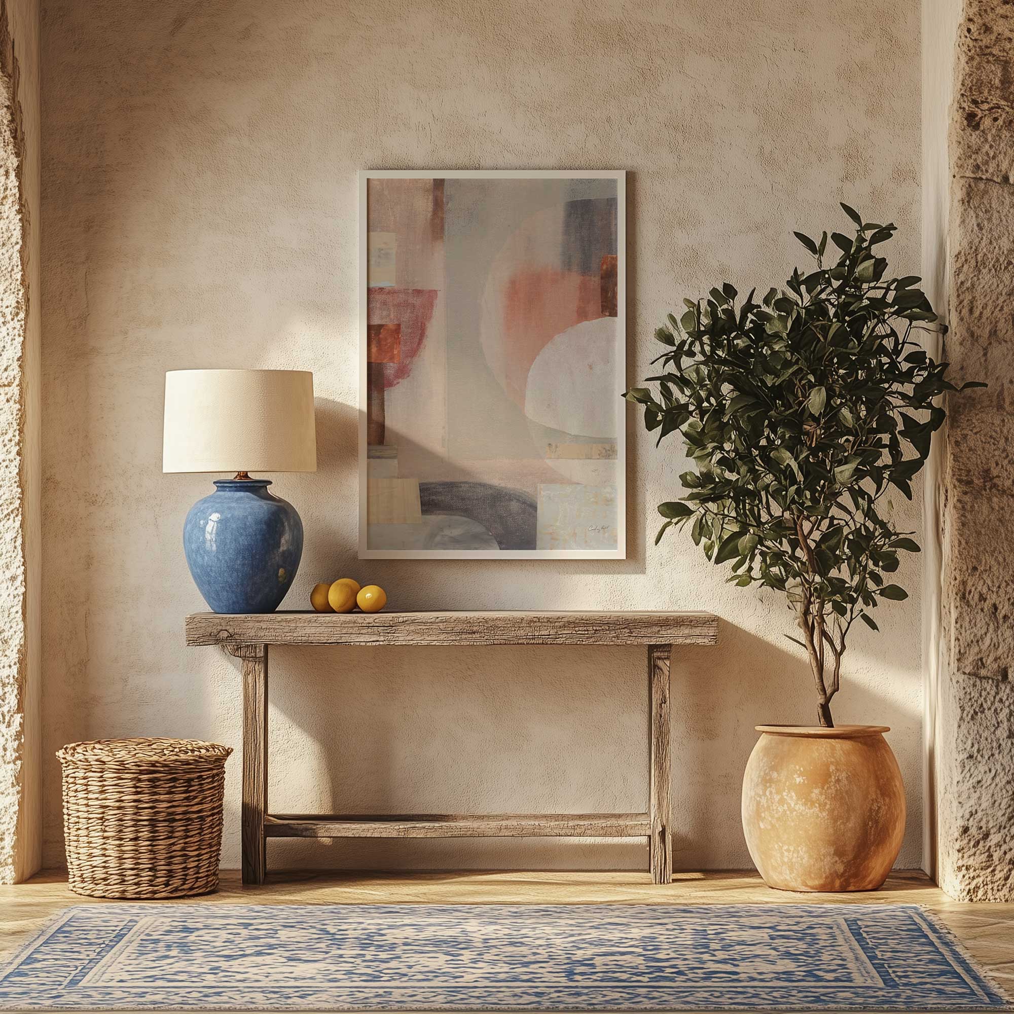 Soft Angles and Earthy Echoes abstract art print hanging in an entryway